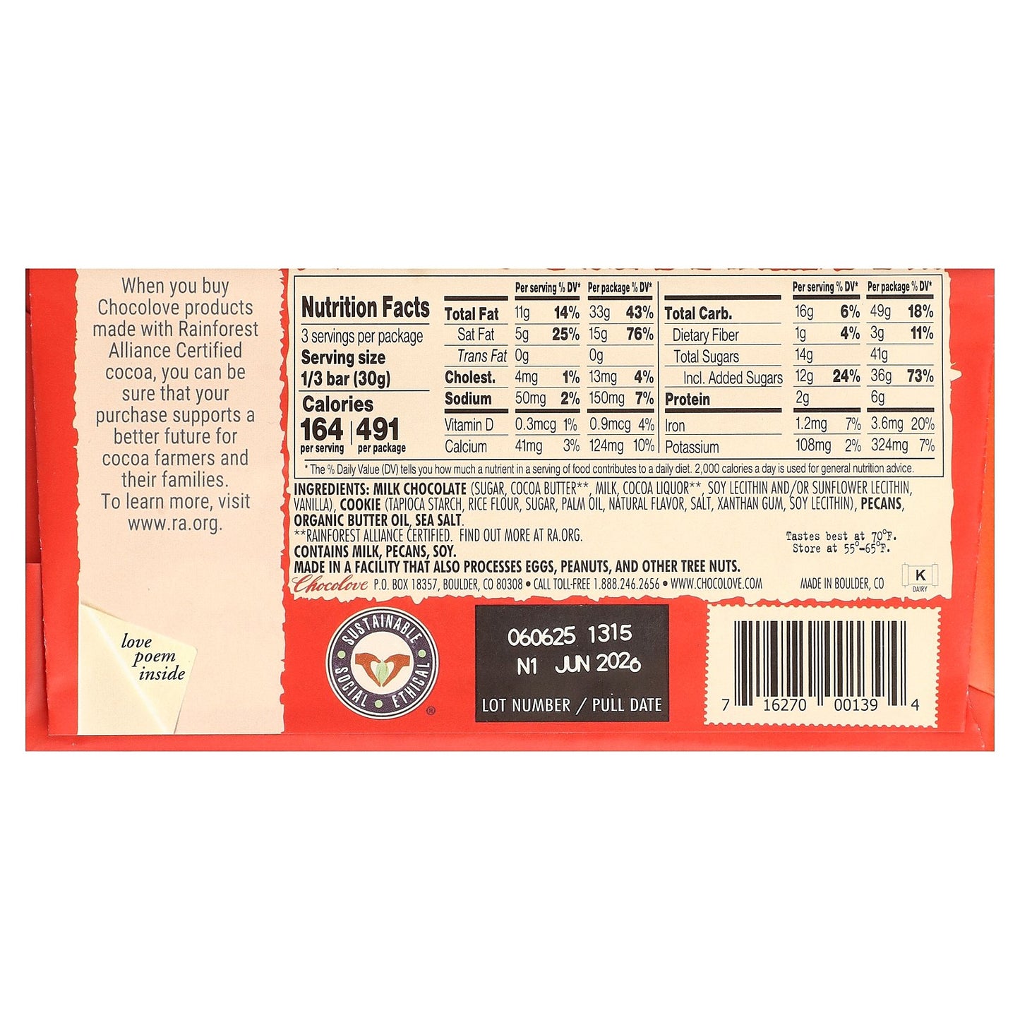 Chocolove, Pecans, Cookies & Sea Salt in Milk Chocolate, 33% Cocoa, 3.2 oz (90 g)