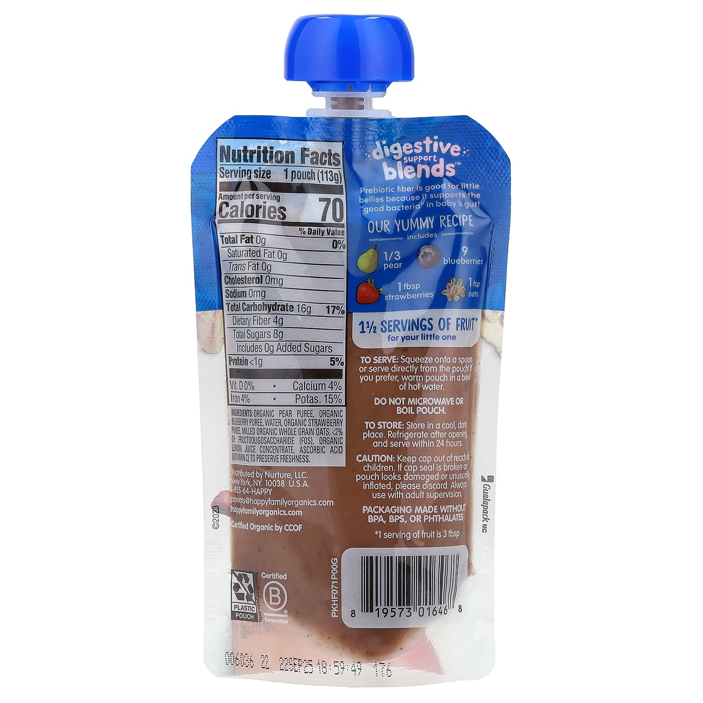 Happy Family Organics, Happy Baby®, Digestive Support Blends™, 6+ Months, Organic Pears, Blueberries, Strawberries & Oats, 4 oz (113 g)