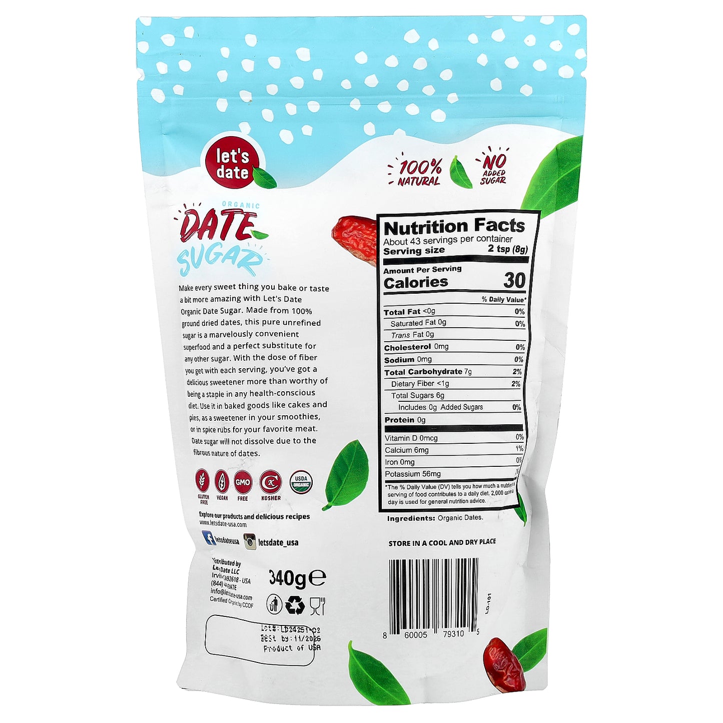 Let's Date, Organic Date Sugar, 12 oz (340 g)