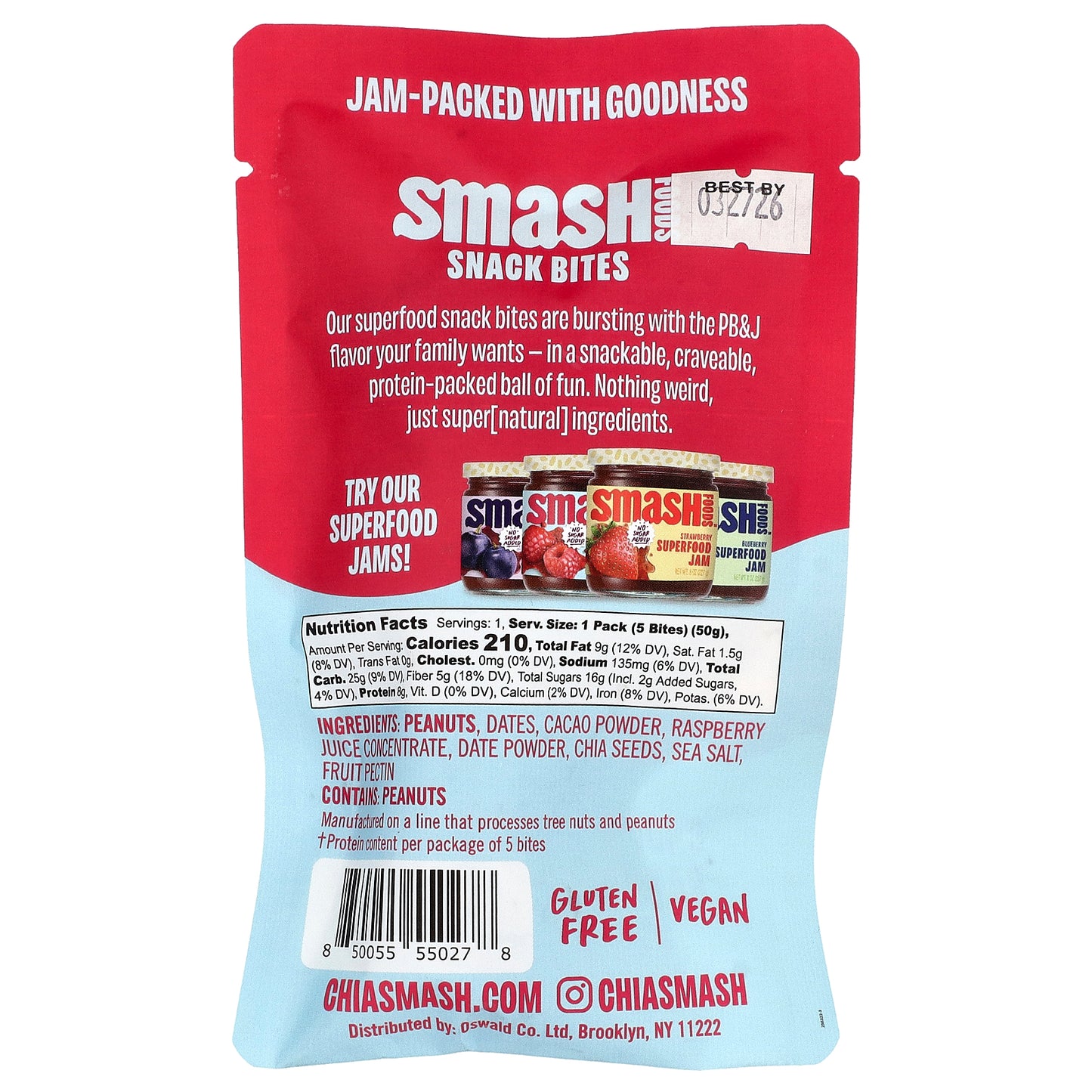 Smash Foods, Snack Bites, Choc Peanut Butter & Raspberry Jam, 5 Bites, 1.8 oz (50 g)