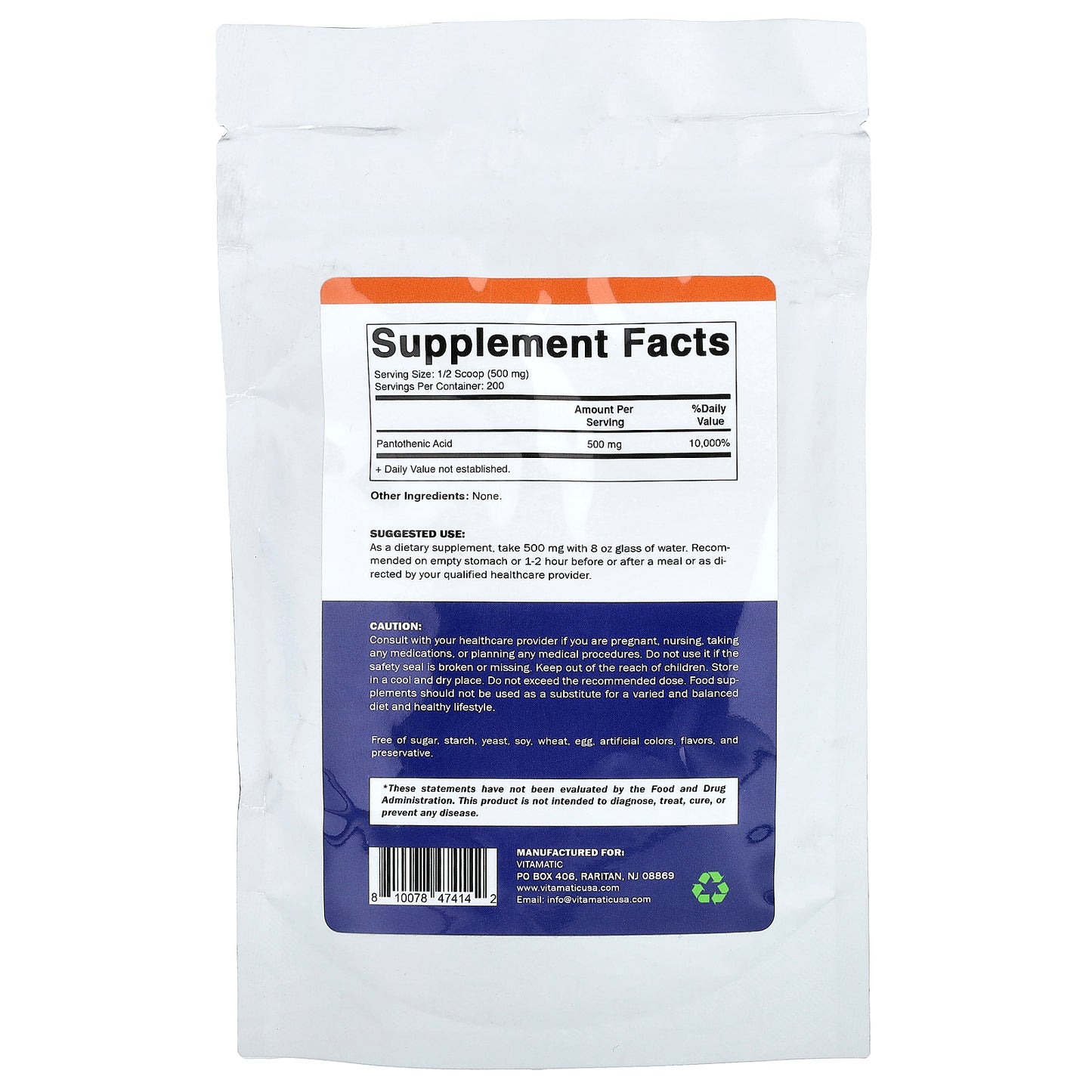 Vitamatic, Pantothenic Acid Vitamin B5, 3.5 oz (100 g)