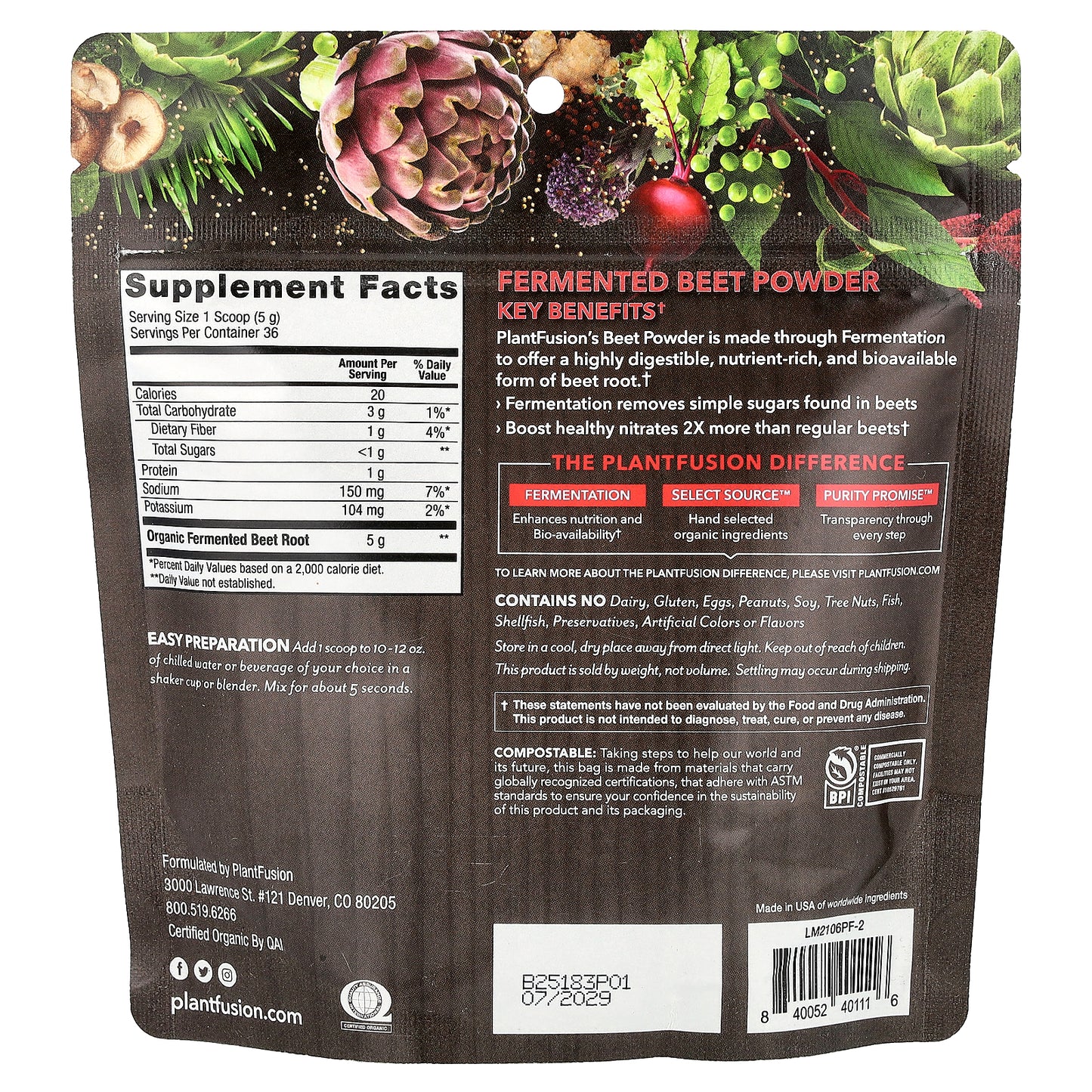 PlantFusion, Organic & Fermented Beet Powder, 6.34 oz (180 g)
