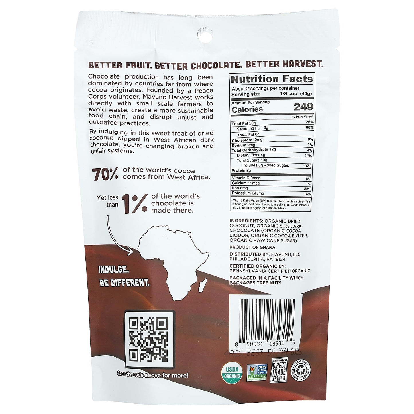 Mavuno Harvest, Dried Organic Coconut, Dark Chocolate Dipped, 3 oz (84 g)