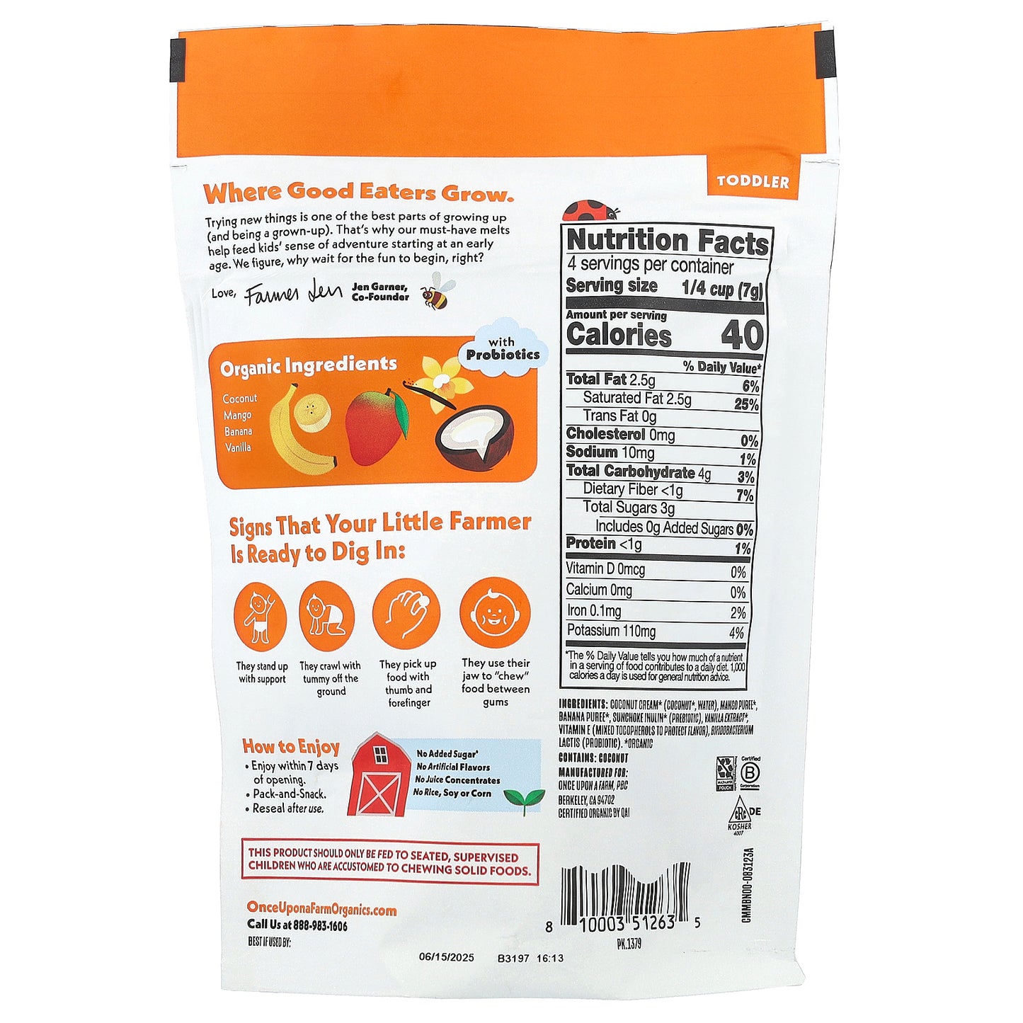 Once Upon A Farm, Organic Coconut Melts, Toddler, Mango Ba-nilla, 1 oz (28 g)