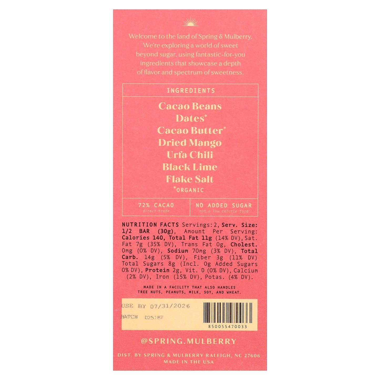 Spring & Mulberry, Date-Sweetened Chocolate, Mango Chili, 2.1 oz (60 g)