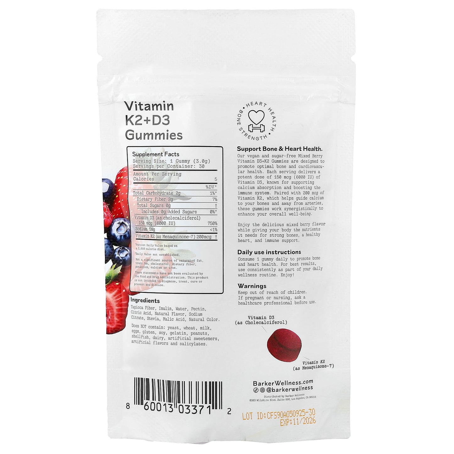 Barker Wellness Co, Vitamin K2 + D3 Gummies, Mixed Berry, 30 Gummies