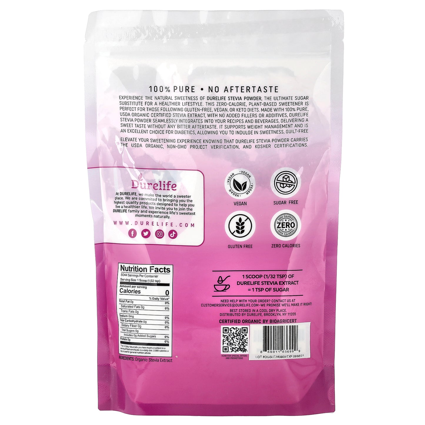 DURELIFE, Organic Stevia Extract Powder, 8 oz (226 g)