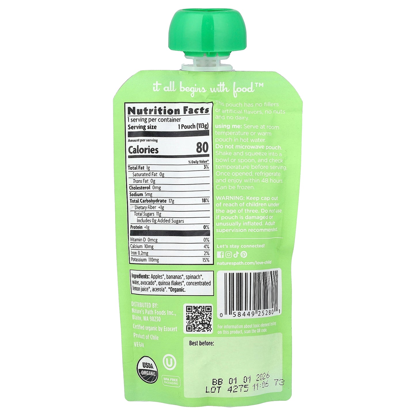 Love Child Organics, Nature's Path, Organic Baby Puree, 6 Months+, Apples, Bananas, Spinach, Avocado, 4 oz (113 g)