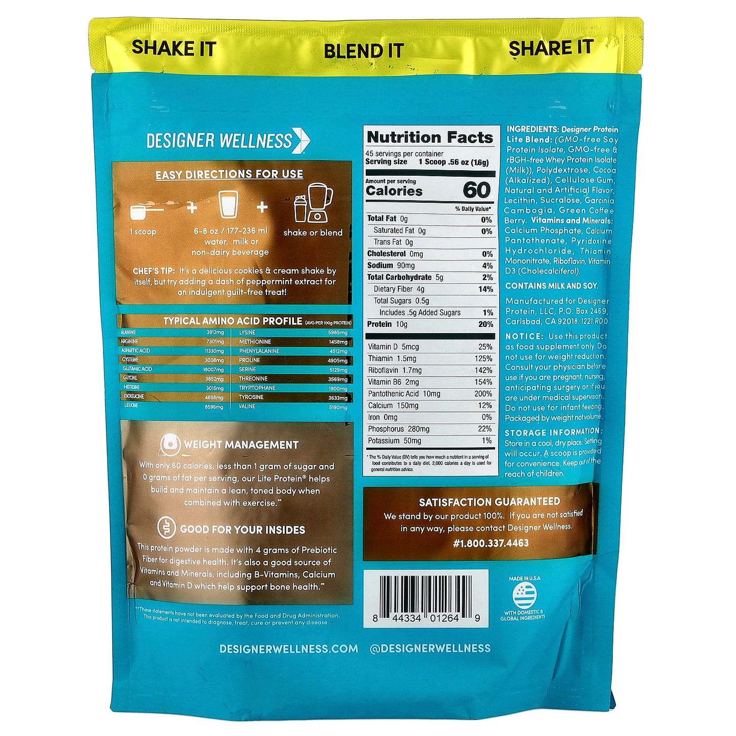 Designer Wellness, Designer Lite®, Plant + Whey Protein Powder, Chocolate Cookies & Cream, 1.6 lb (720 g)