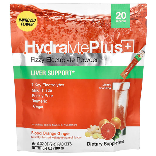 Hydralyte, Hydralyte Plus+, Fizzy Electrolyte Powder, Blood Orange Ginger, 20 Packets, 0.32 oz (9 g) Each