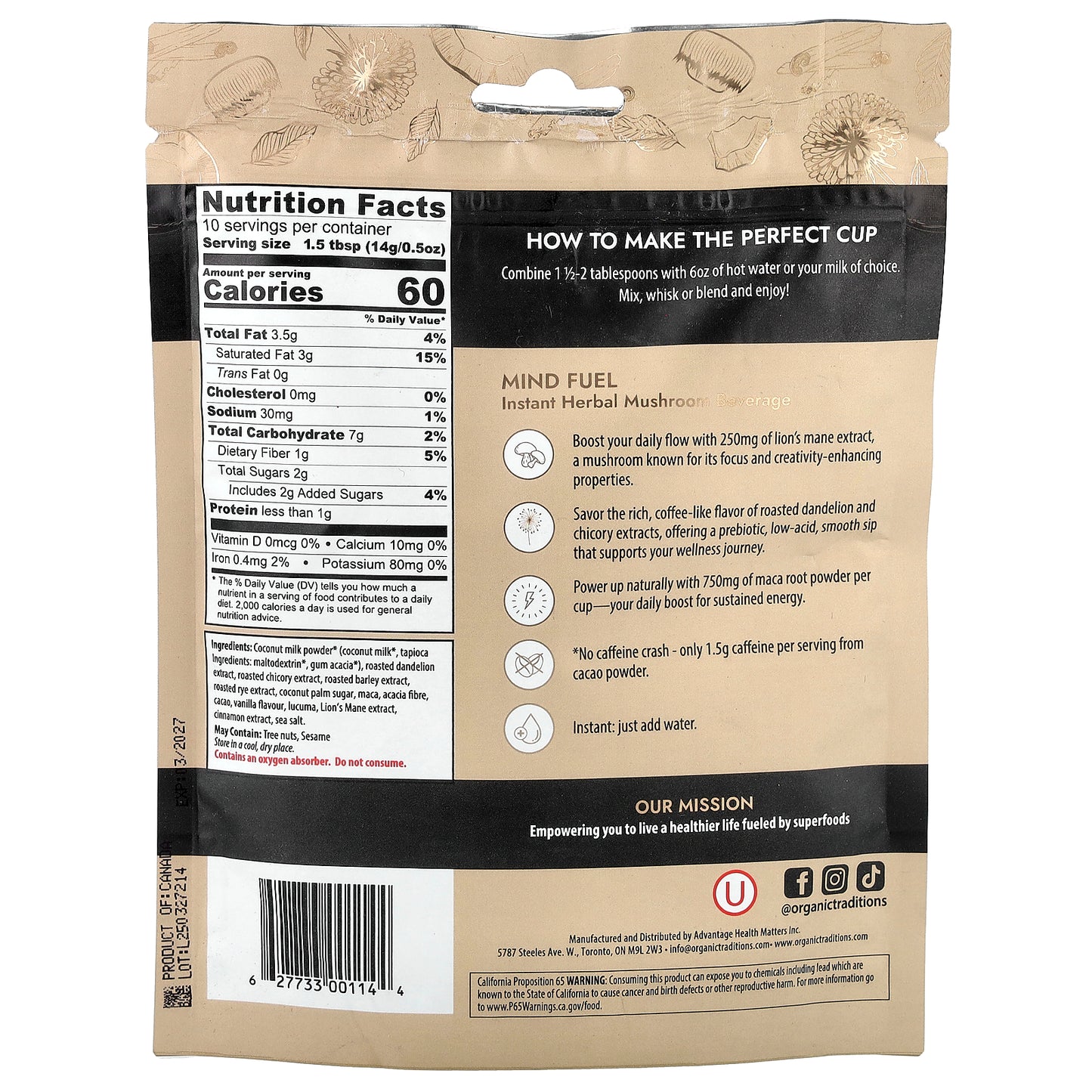 Organic Traditions, Instant Herbal Mushroom Beverage, Mind Fuel, Caffeine Free, 5 oz (140 g)