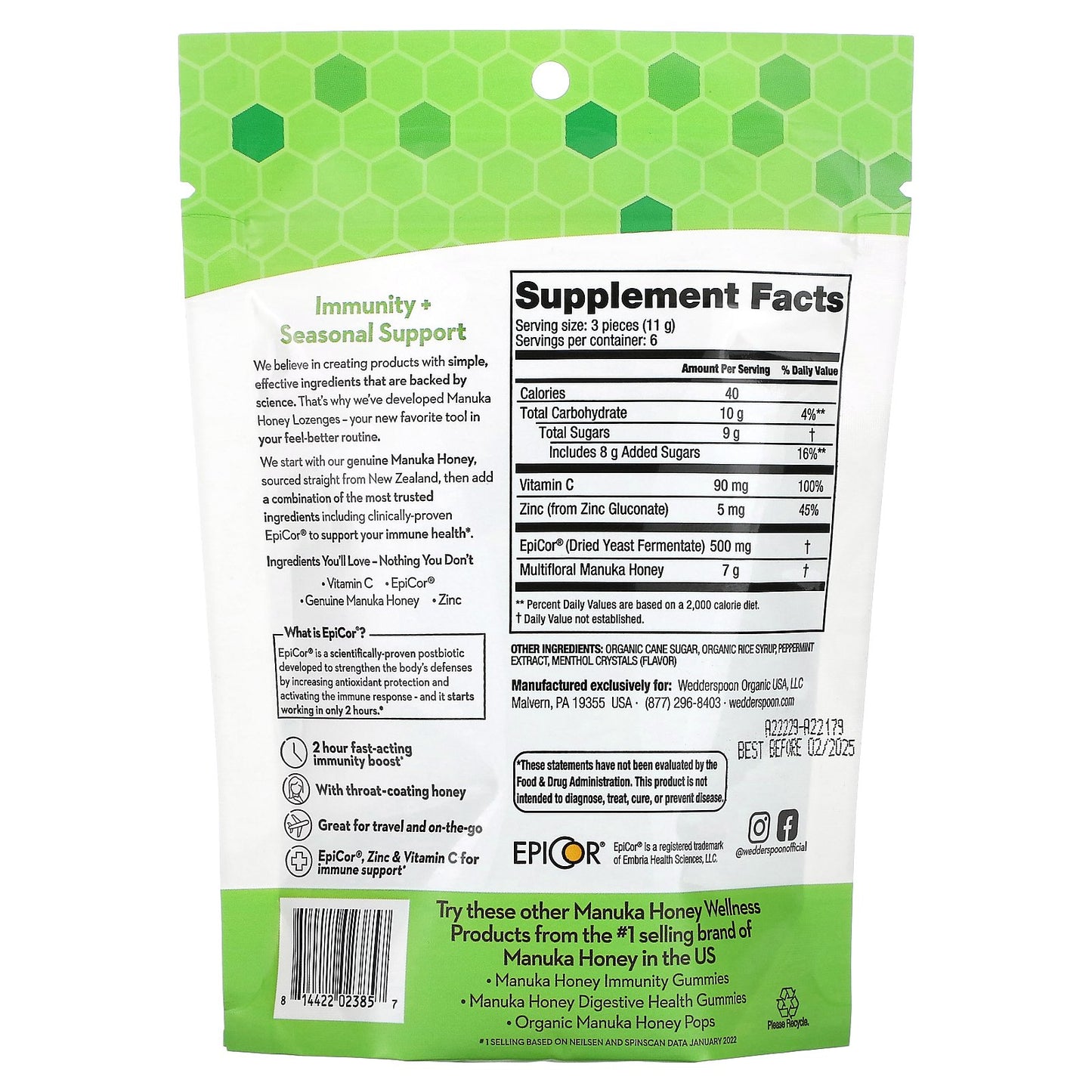 Wedderspoon, Manuka Honey Lozenges, Cool Mint, 2.6 oz (74 g)