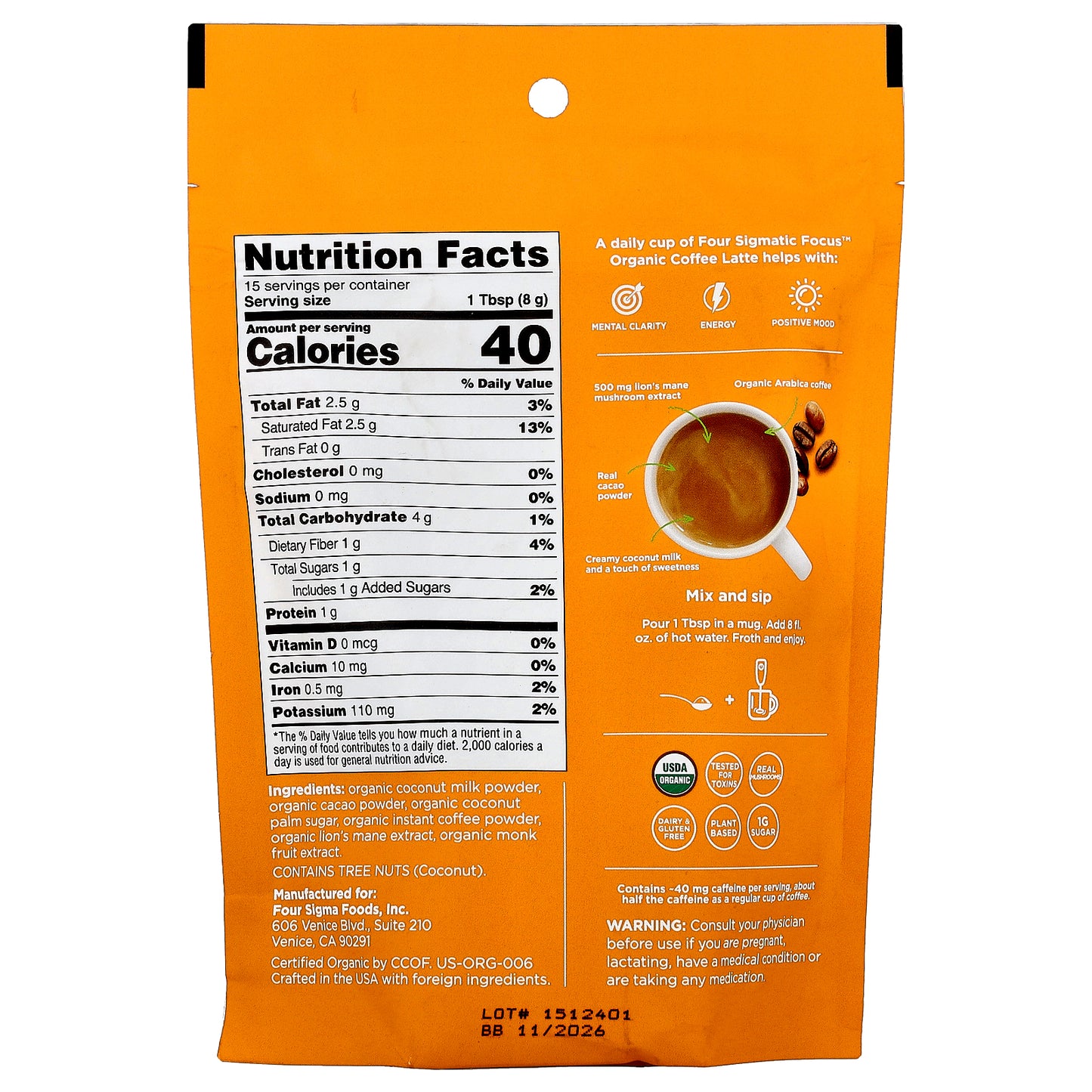 Four Sigmatic, Focus, Organic Instant Coffee Latte with Lion's Mane Mushroom, Mocha, 4.23 oz (120 g)