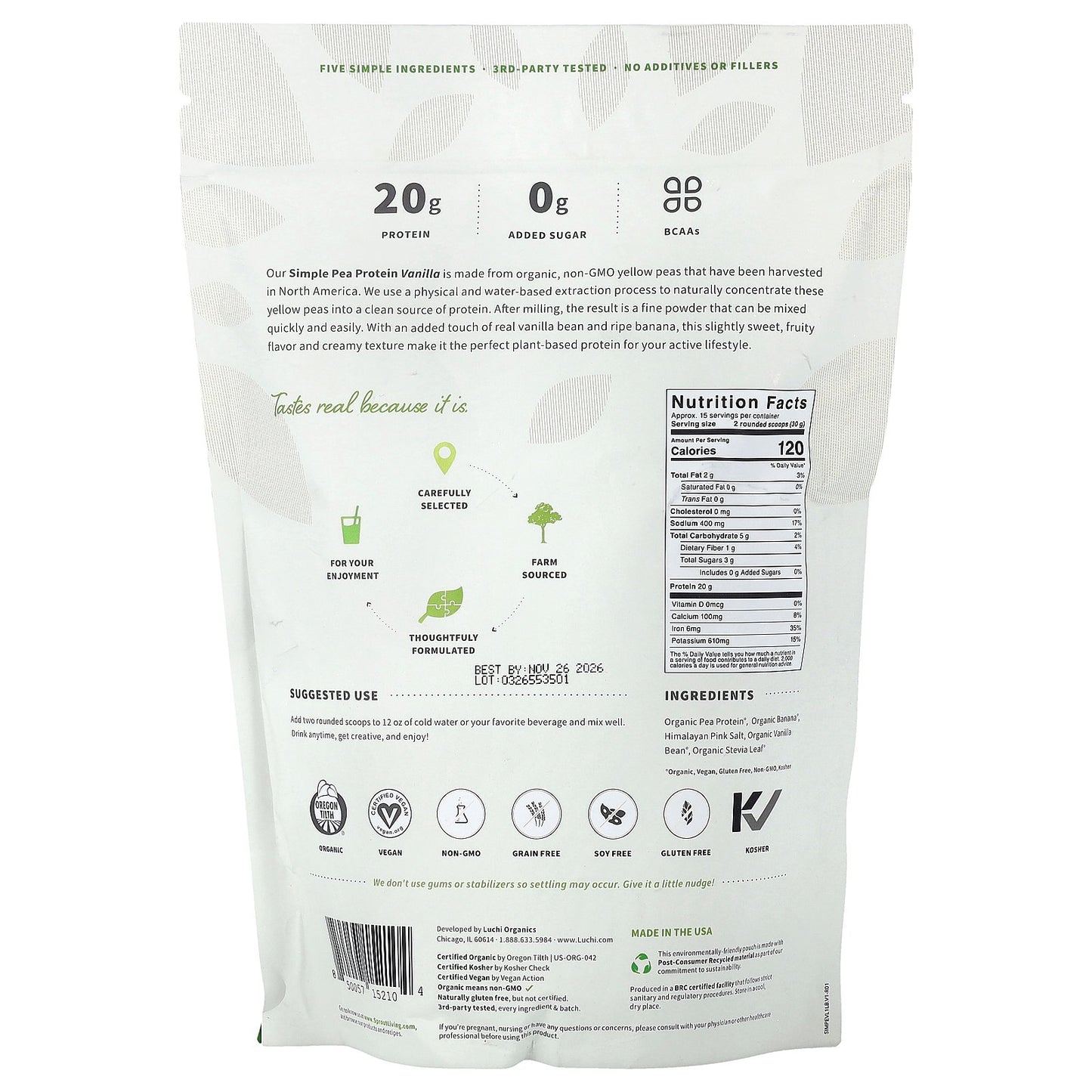 Sprout Living, Simple Pea Protein, Vanilla, 1 lb (454 g)