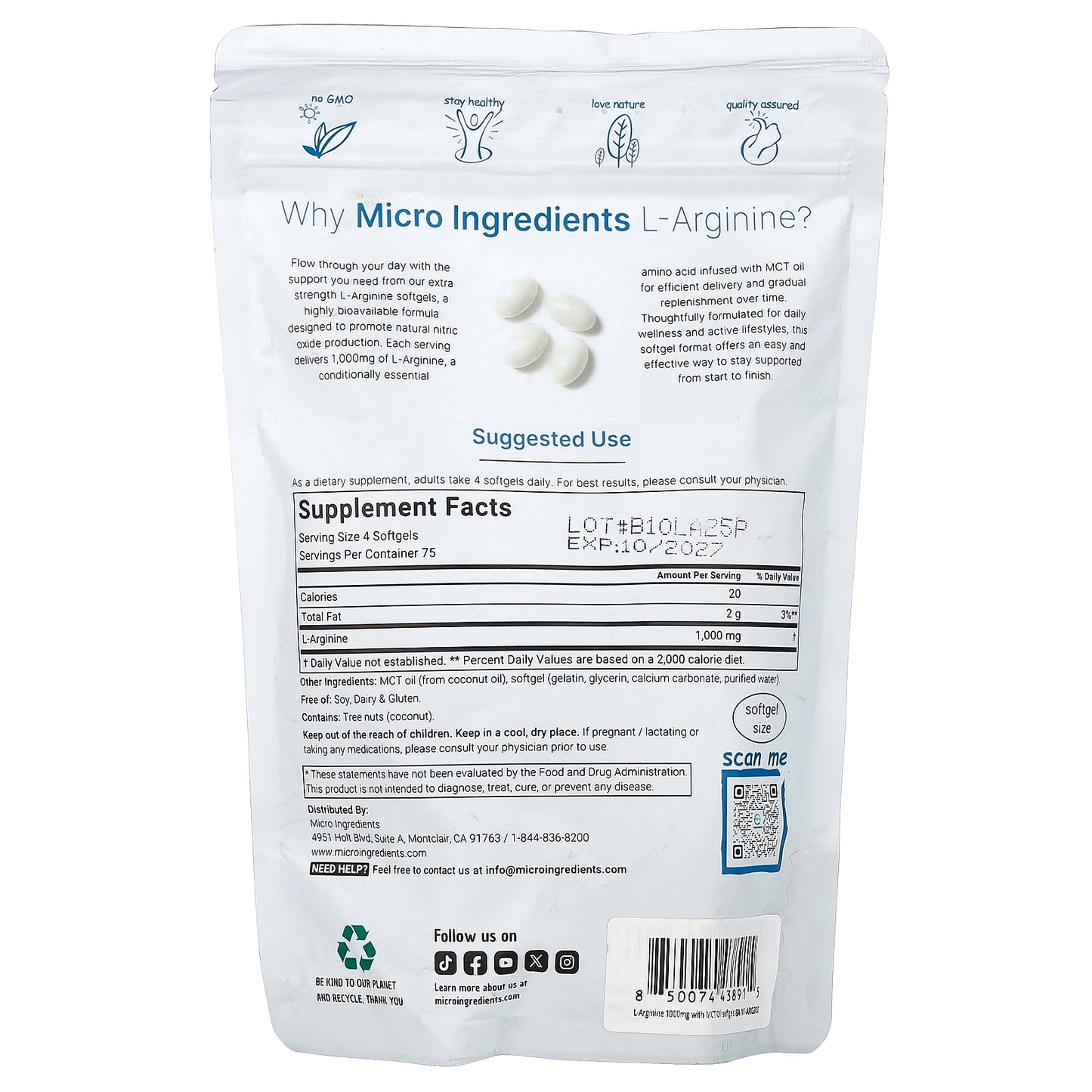 Micro Ingredients, L-Arginine, 300 Softgels (250 mg per Softgel)