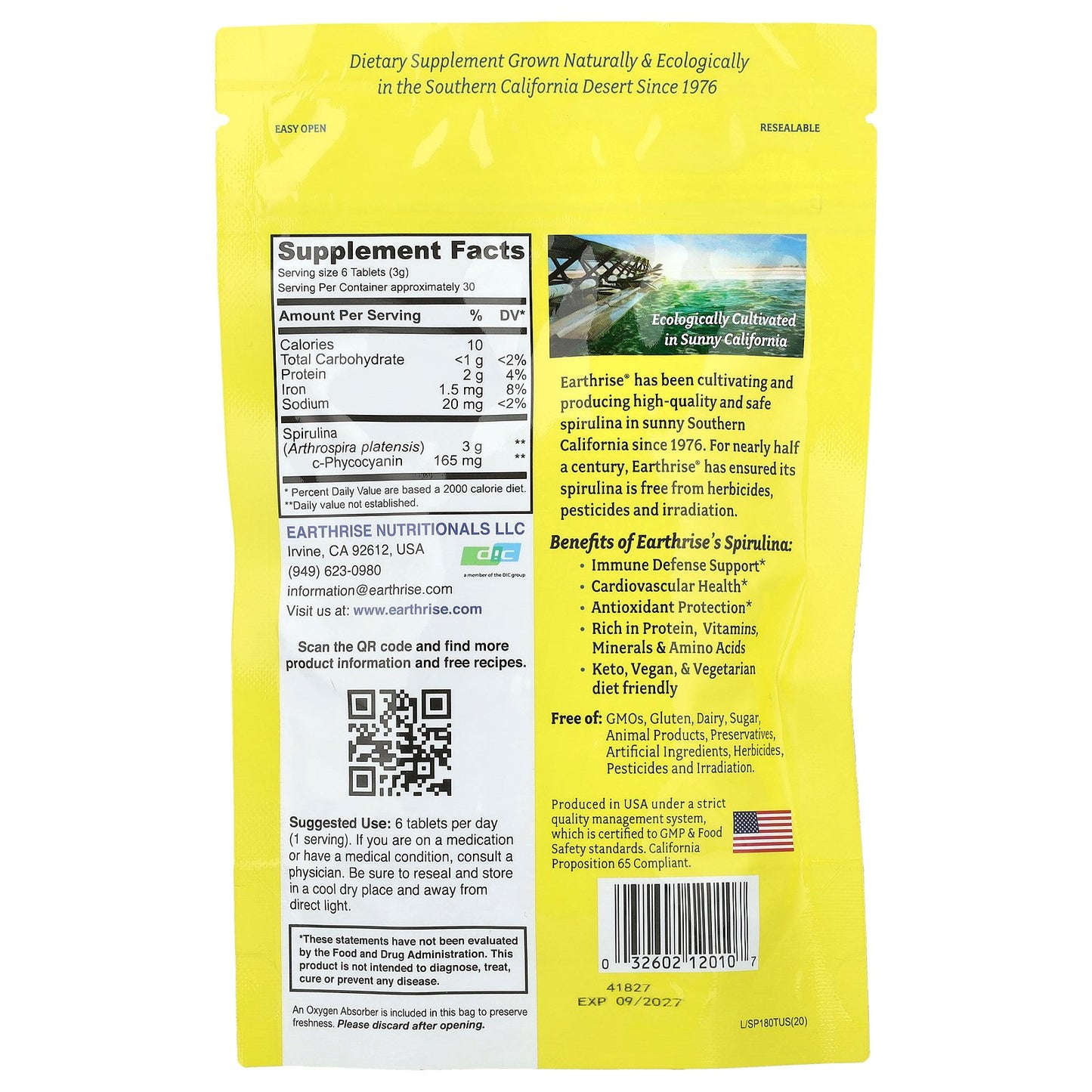 Earthrise, 100% California Grown Spirulina, 500 mg, 180 Tablets