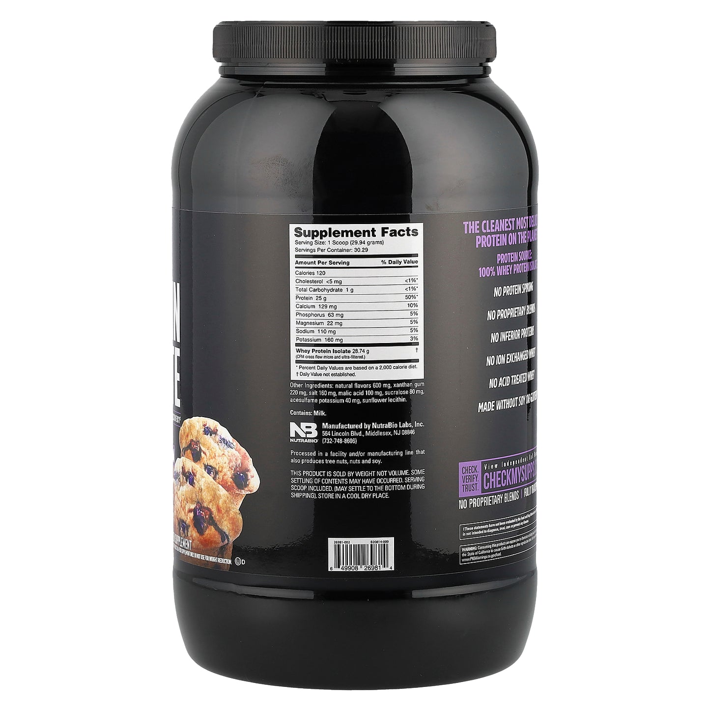 NutraBio, Whey Protein Isolate, Blueberry Muffin, 2 lb (907 g)
