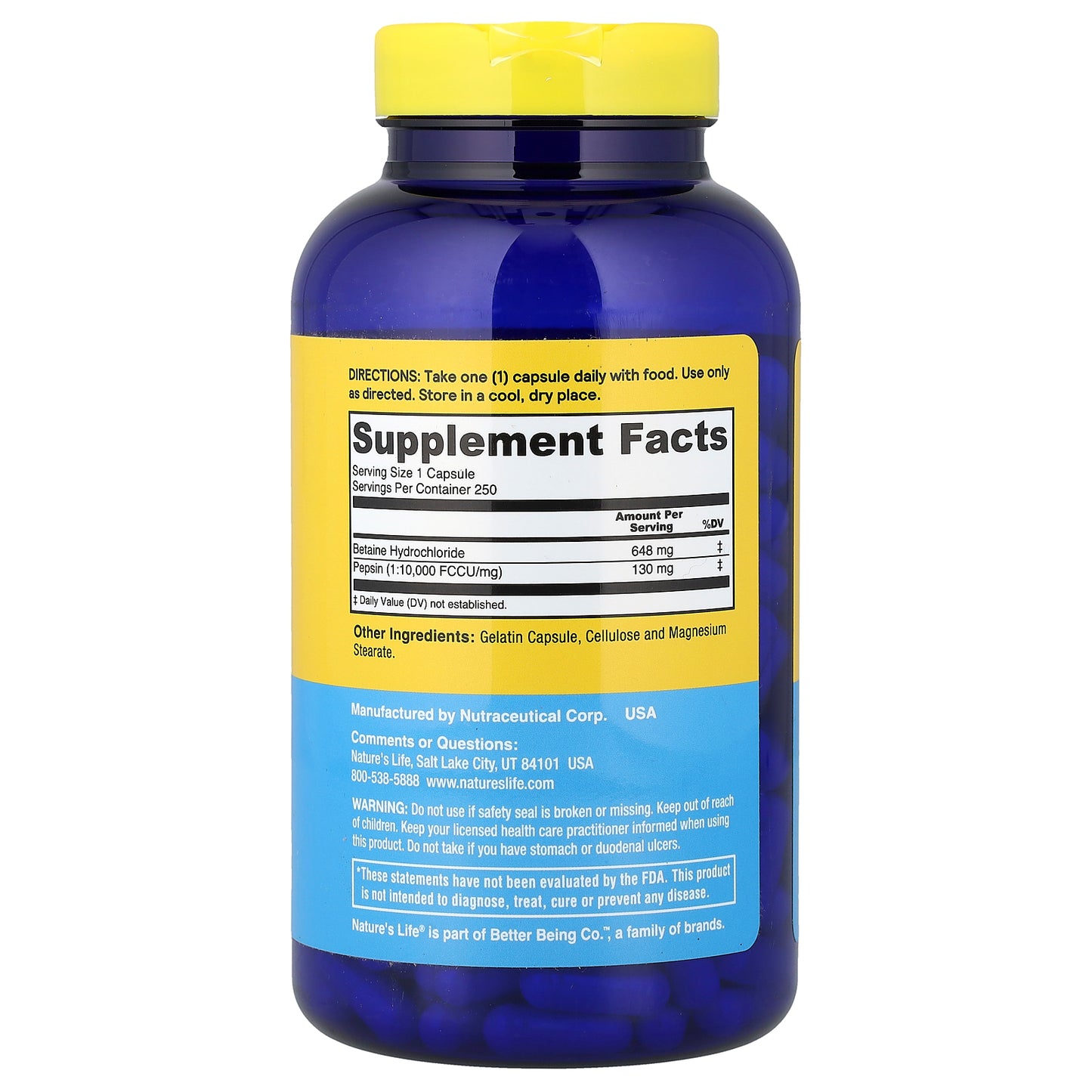 Nature's Life, Betaine HCl, 648 mg, 250 Capsules