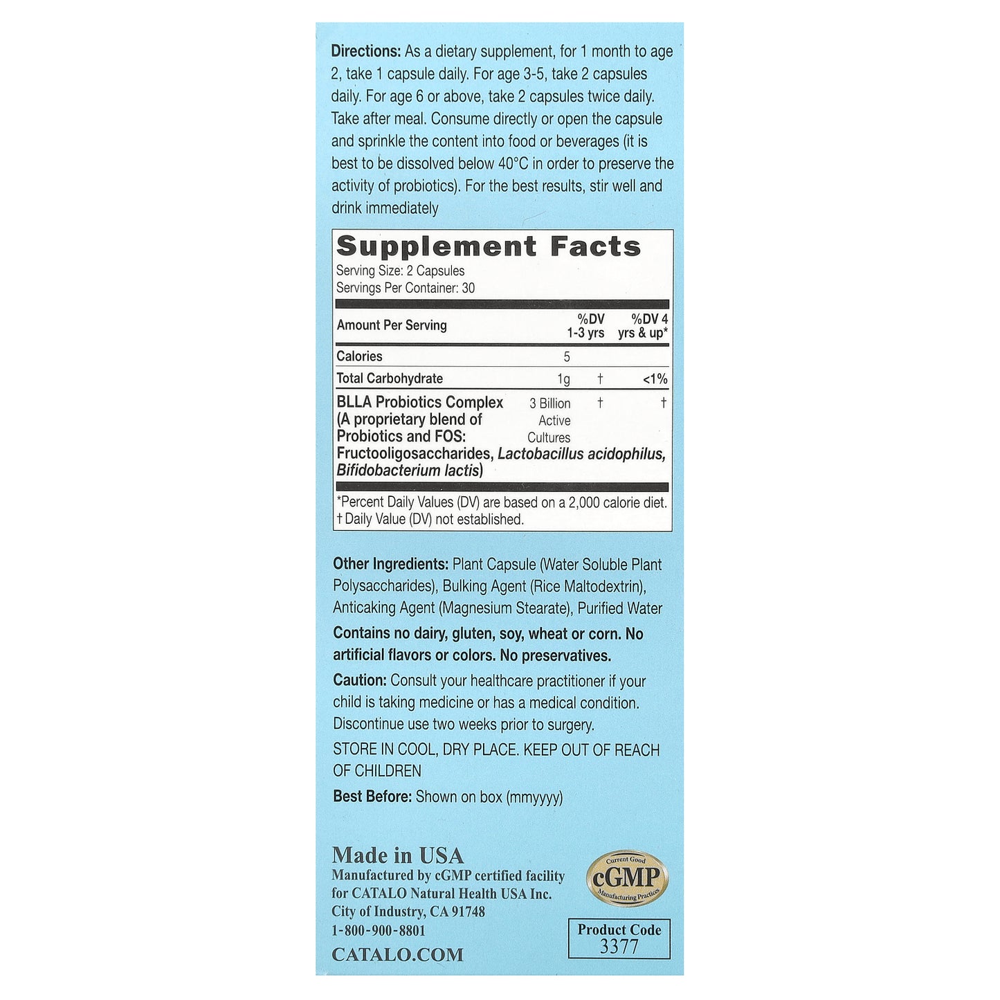 CATALO, Baby's Probiotics, Digestive & Immune Health Formula, 1 Month+, 3 Billion CFU, 60 Vegetarian Capsules