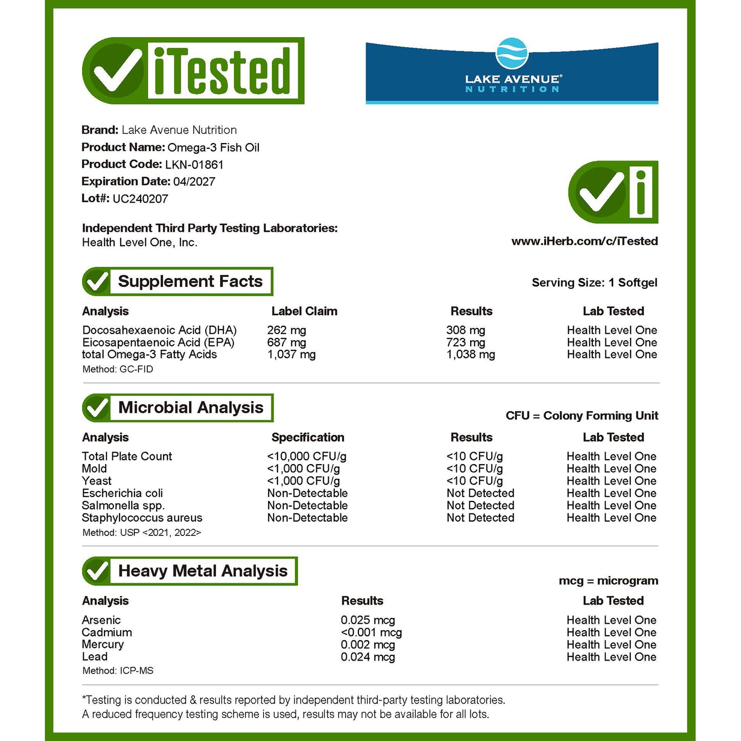 Lake Avenue Nutrition, Omega-3 Fish Oil, 30 Fish Gelatin Softgels (1,250 mg per Softgel)