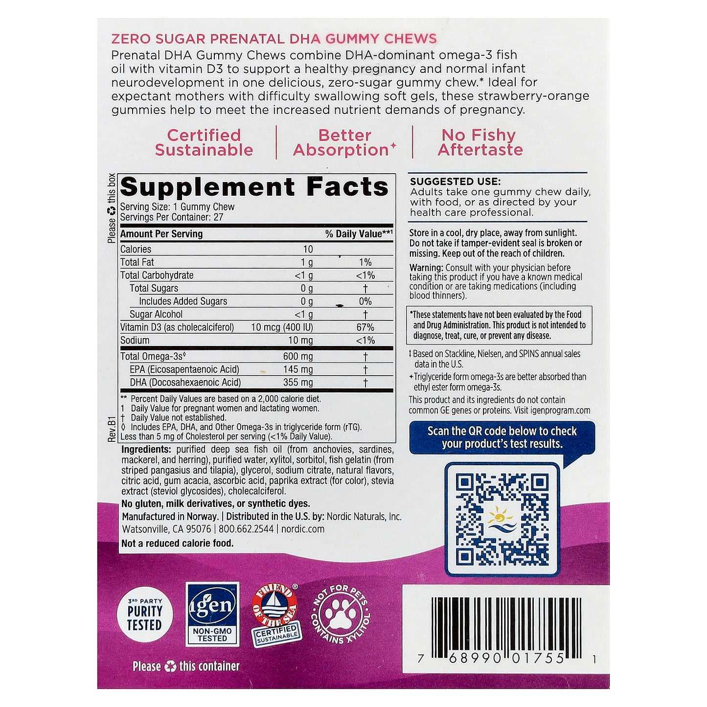 Nordic Naturals, Zero Sugar Prenatal DHA Gummies, Strawberry Orange, 27 Gummy Chews