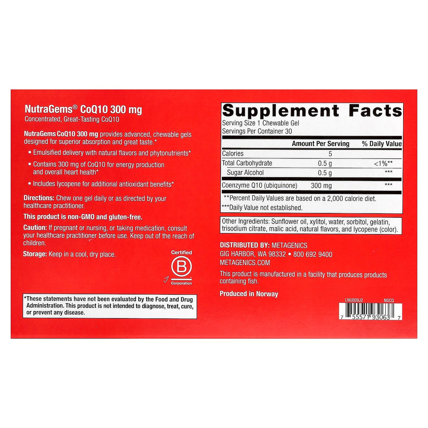 Metagenics, NutraGems® CoQ10, 300 mg, 30 Chewable Gels