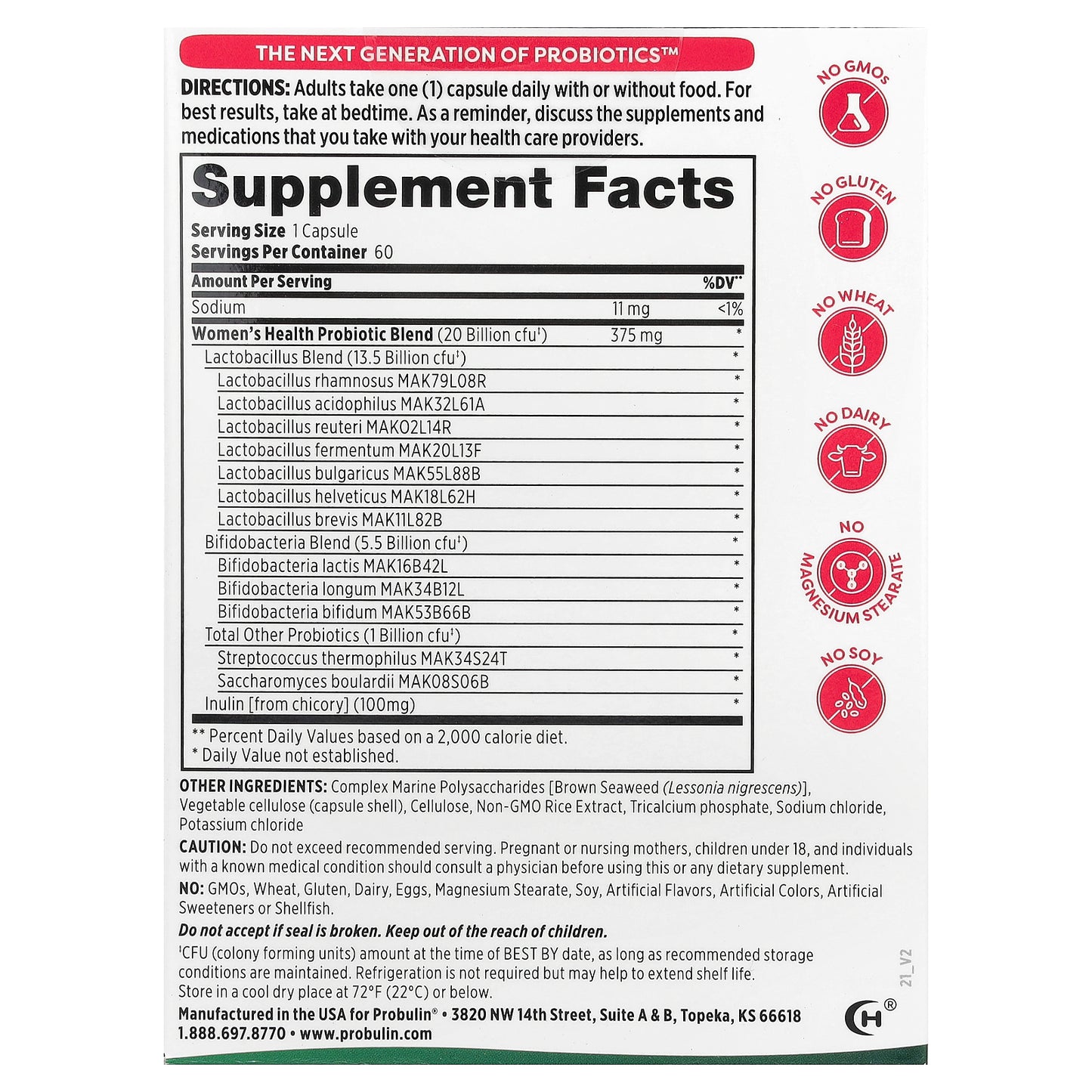 Probulin, Women's Health Probiotic, 20 Billion CFU, 60 Capsules