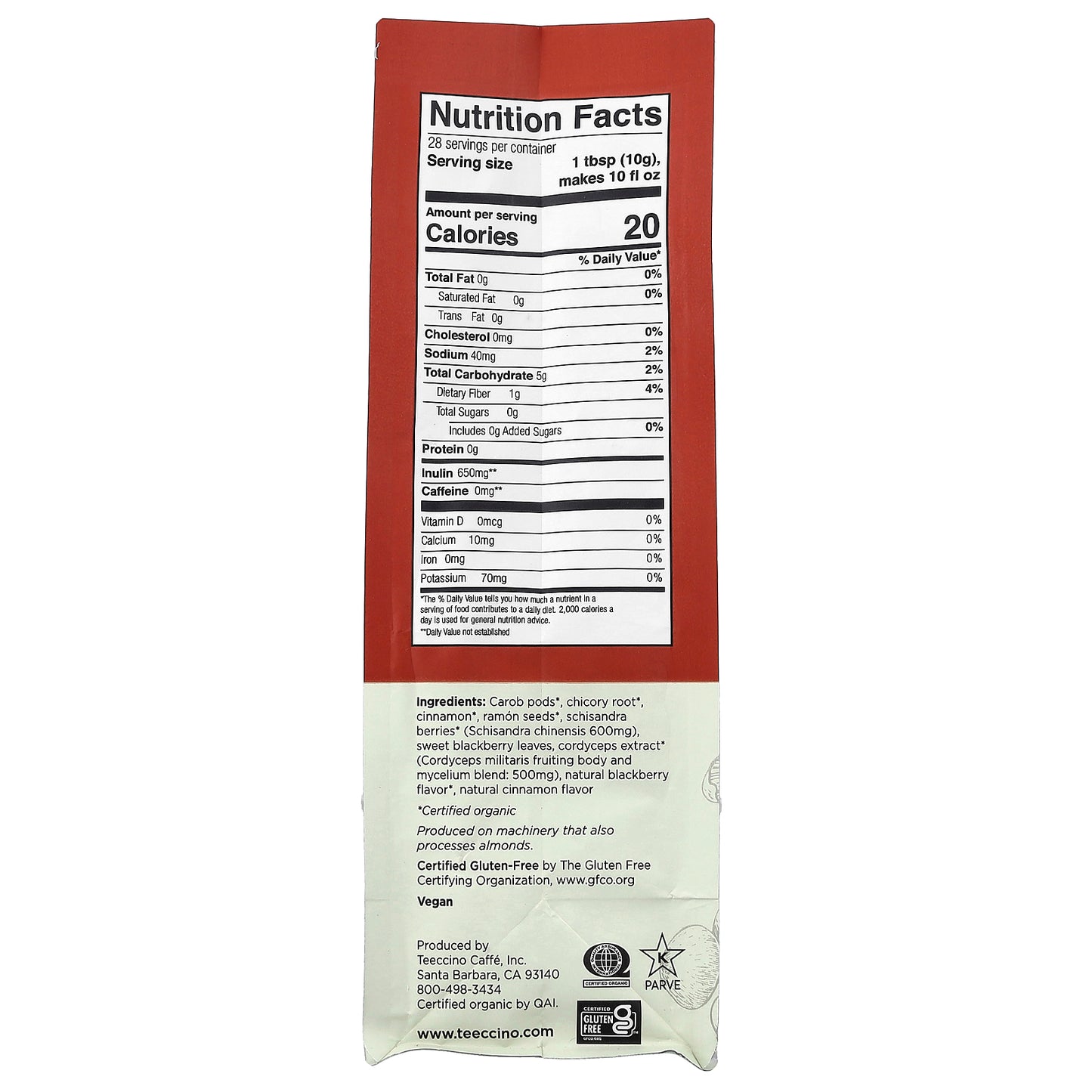 Teeccino, Mushroom Herbal Coffee, Cordyceps Schisandra, Cinnamon Berry, Medium Roast, Caffeine Free, 10 oz (284 g)