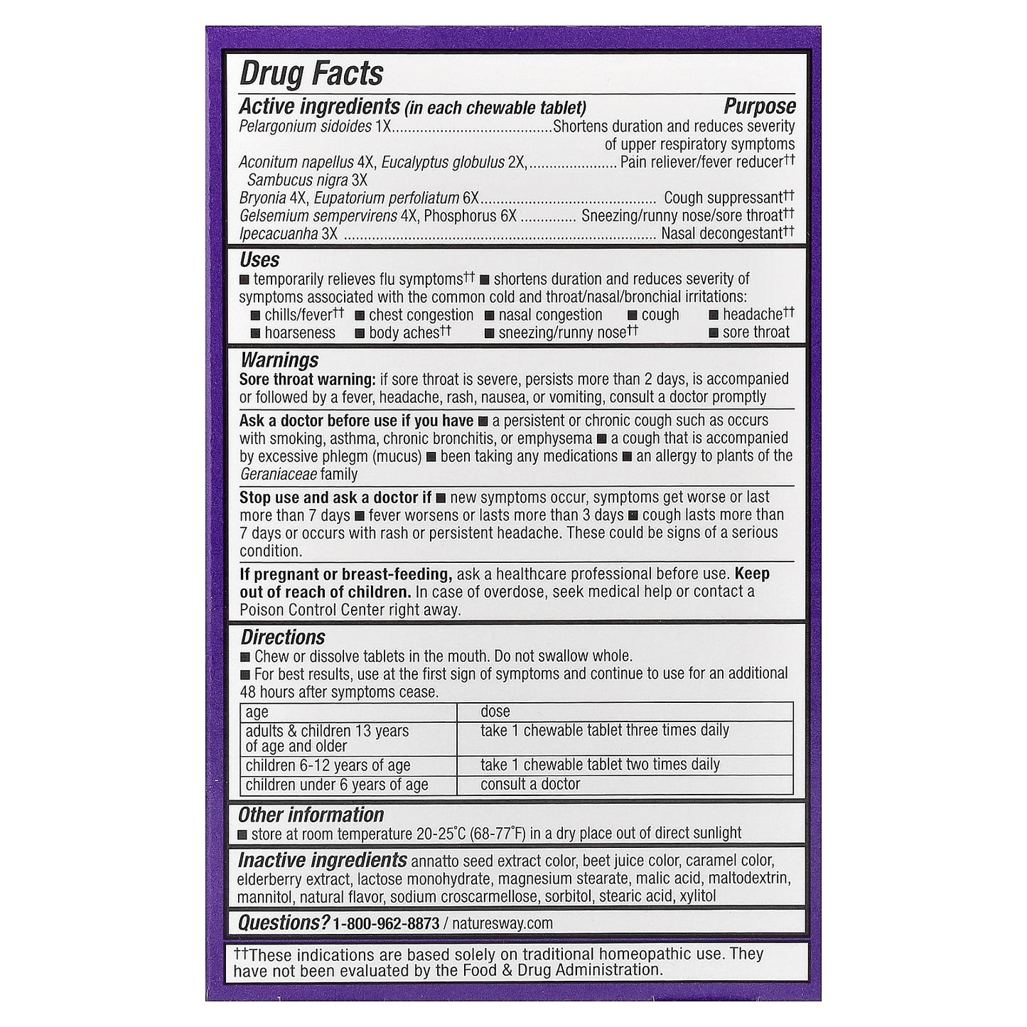 Nature's Way, Sambucus®, Cold + Flu Relief, Elderberry Chewables, Ages 6+, Berry, 20 Tablets