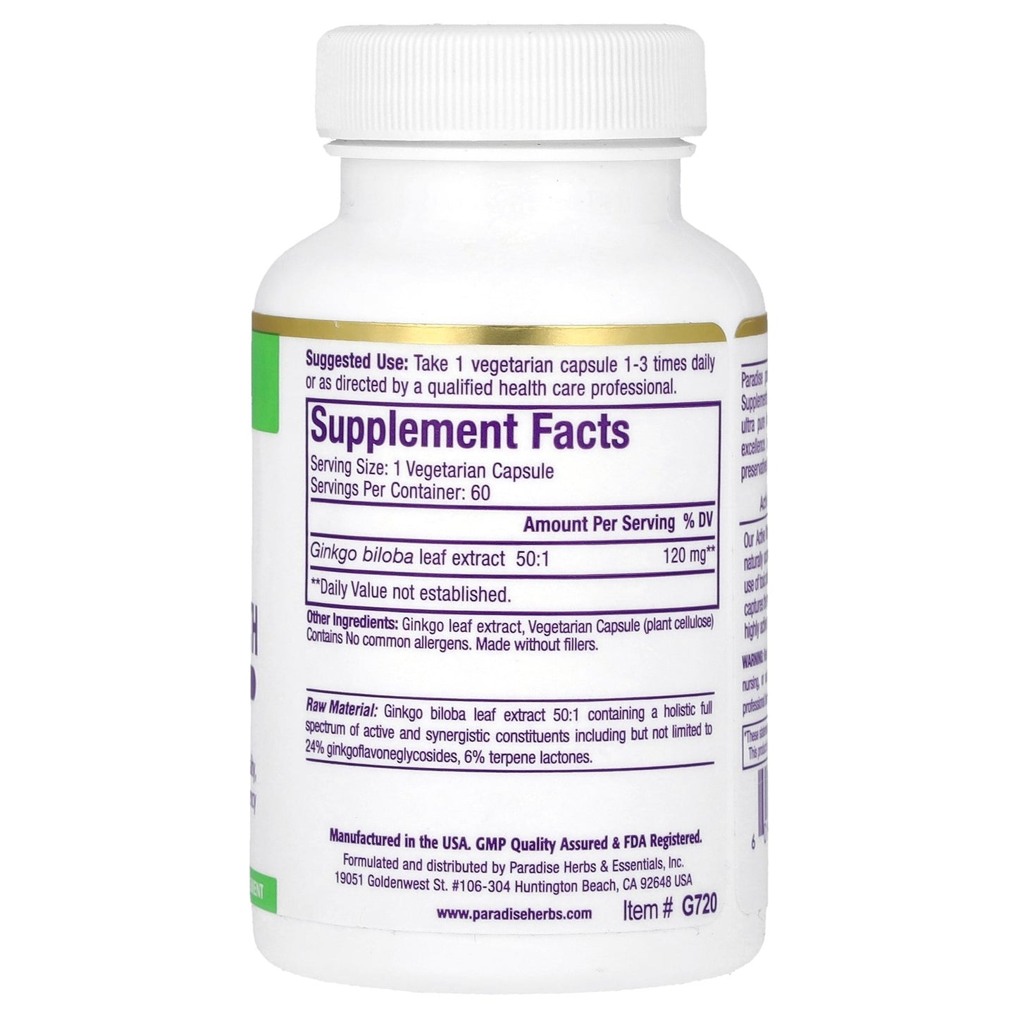 Paradise Herbs, Ginkgo, 120 mg, 60 Vegetarian Capsules