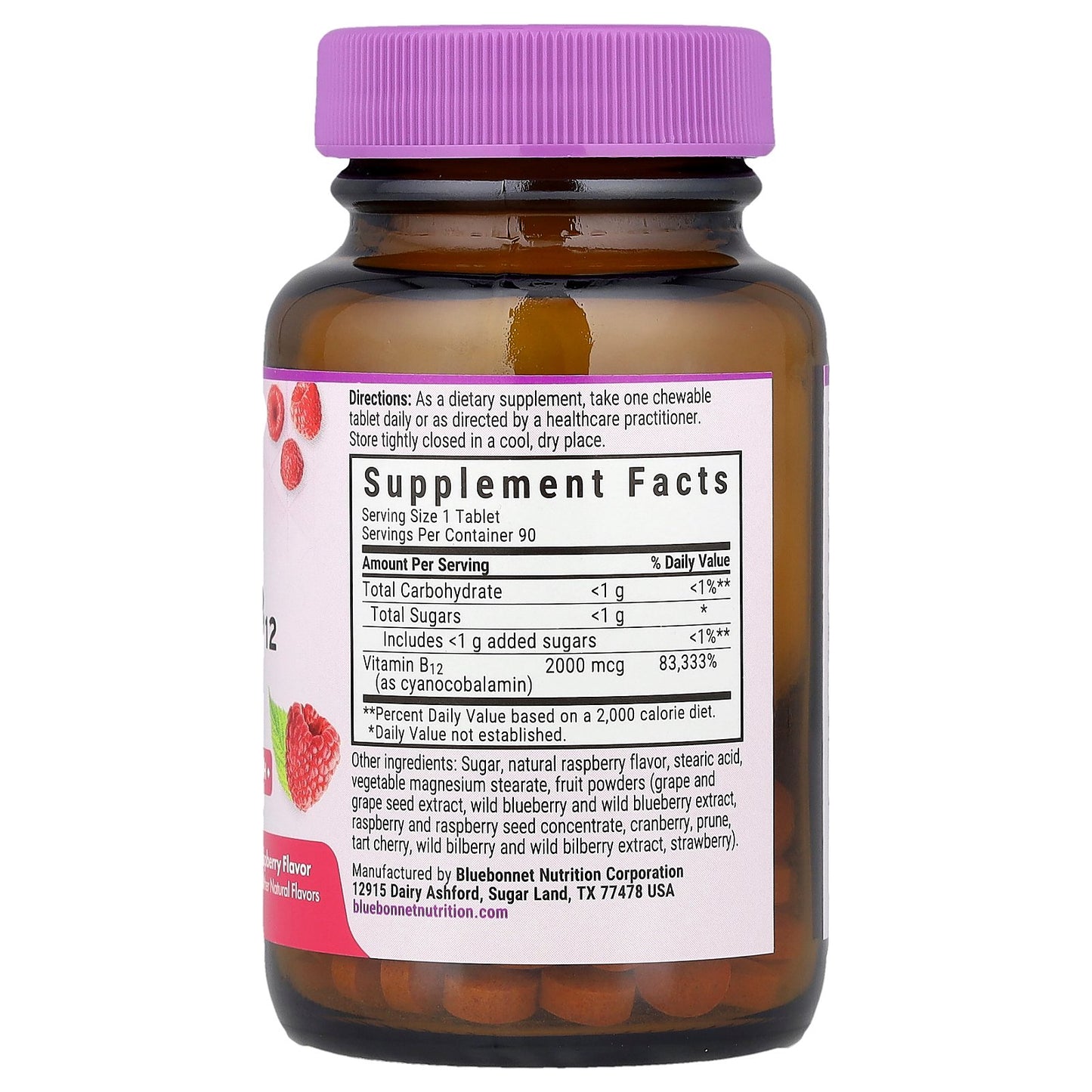 Bluebonnet Nutrition, Earth Sweet® Chewables, Vitamin B12, Raspberry , 2,000 mcg, 90 Chewable Tablets