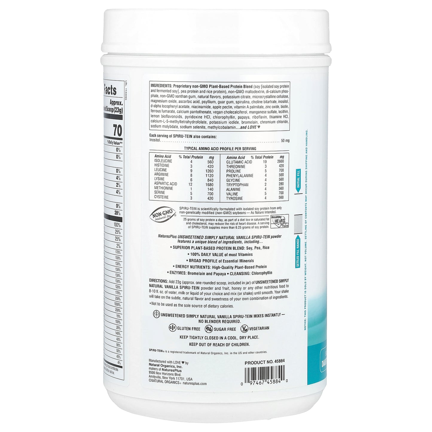 NaturesPlus, Spiru-Tein®, Protein Powder Meal, Unsweetened, Vanilla, 1.62 lbs (736 g)