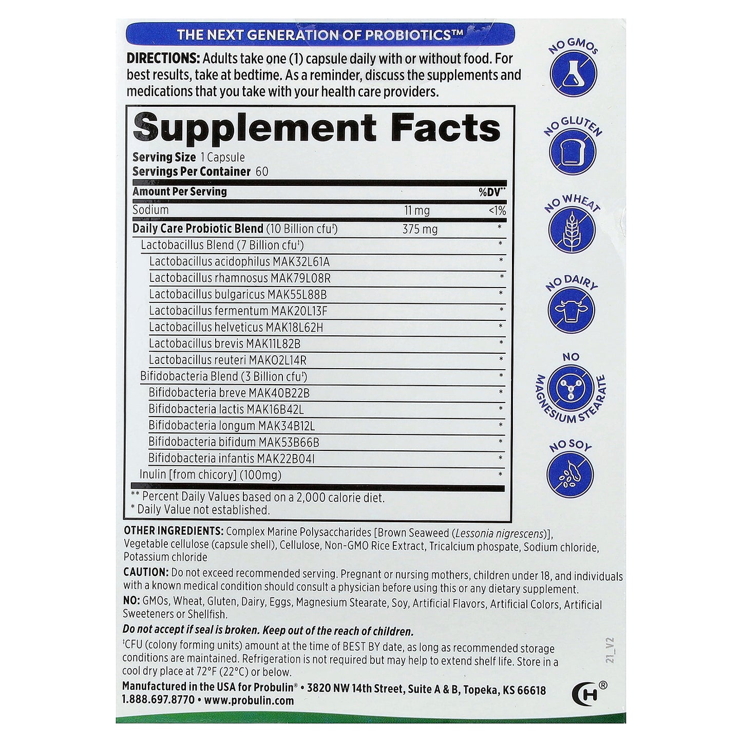 Probulin, Daily Care Probiotic, 10 Billion CFU, 60 Capsules