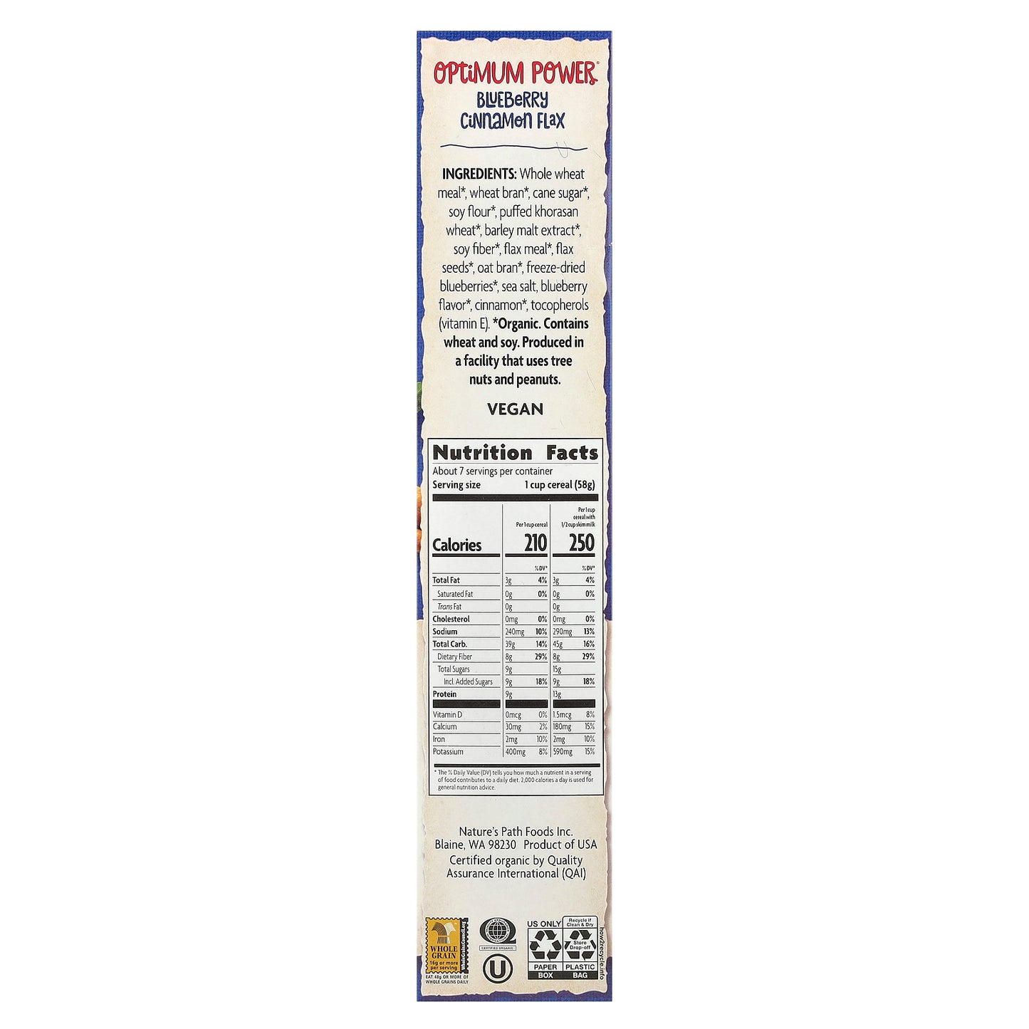 Nature's Path, Organic Optimum Power® Cereal, Blueberry Cinnamon Flax, 14 oz (400 g)