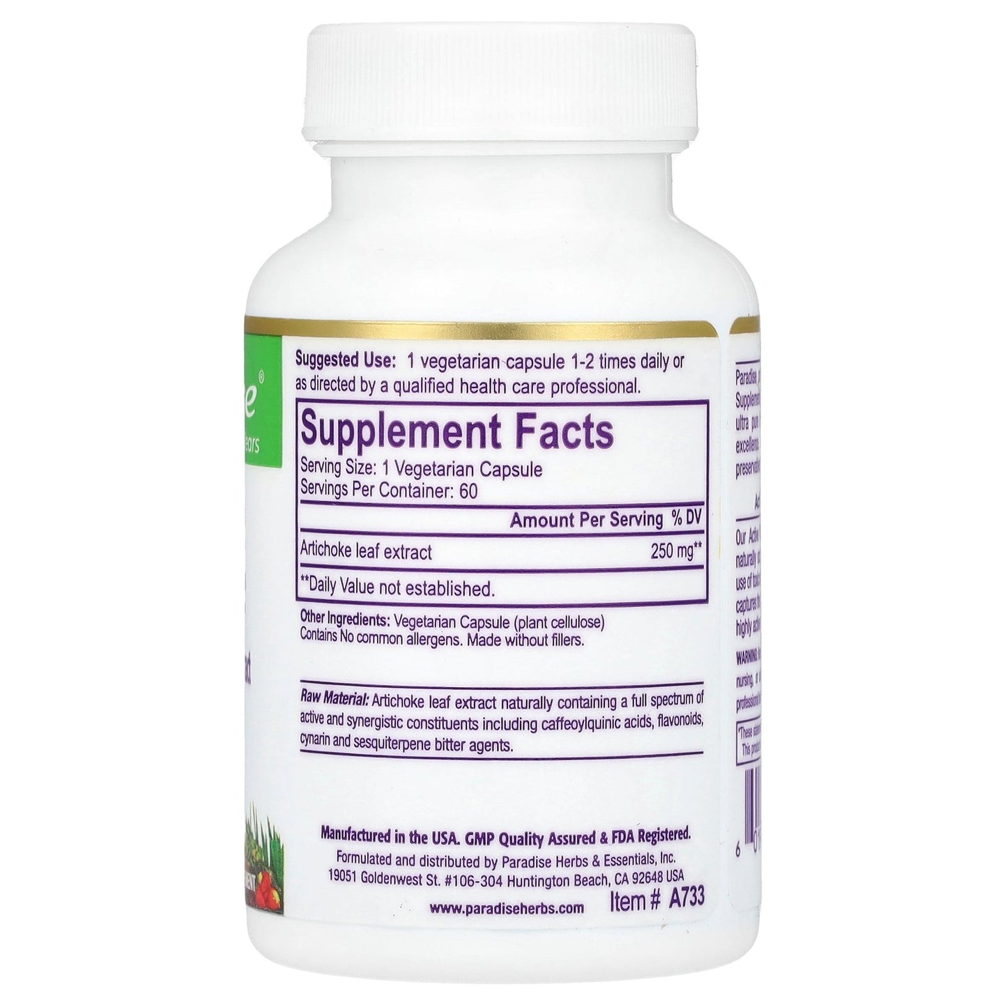 Paradise Herbs, Artichoke, 60 Vegetarian Capsules (250 mg per Capsule)