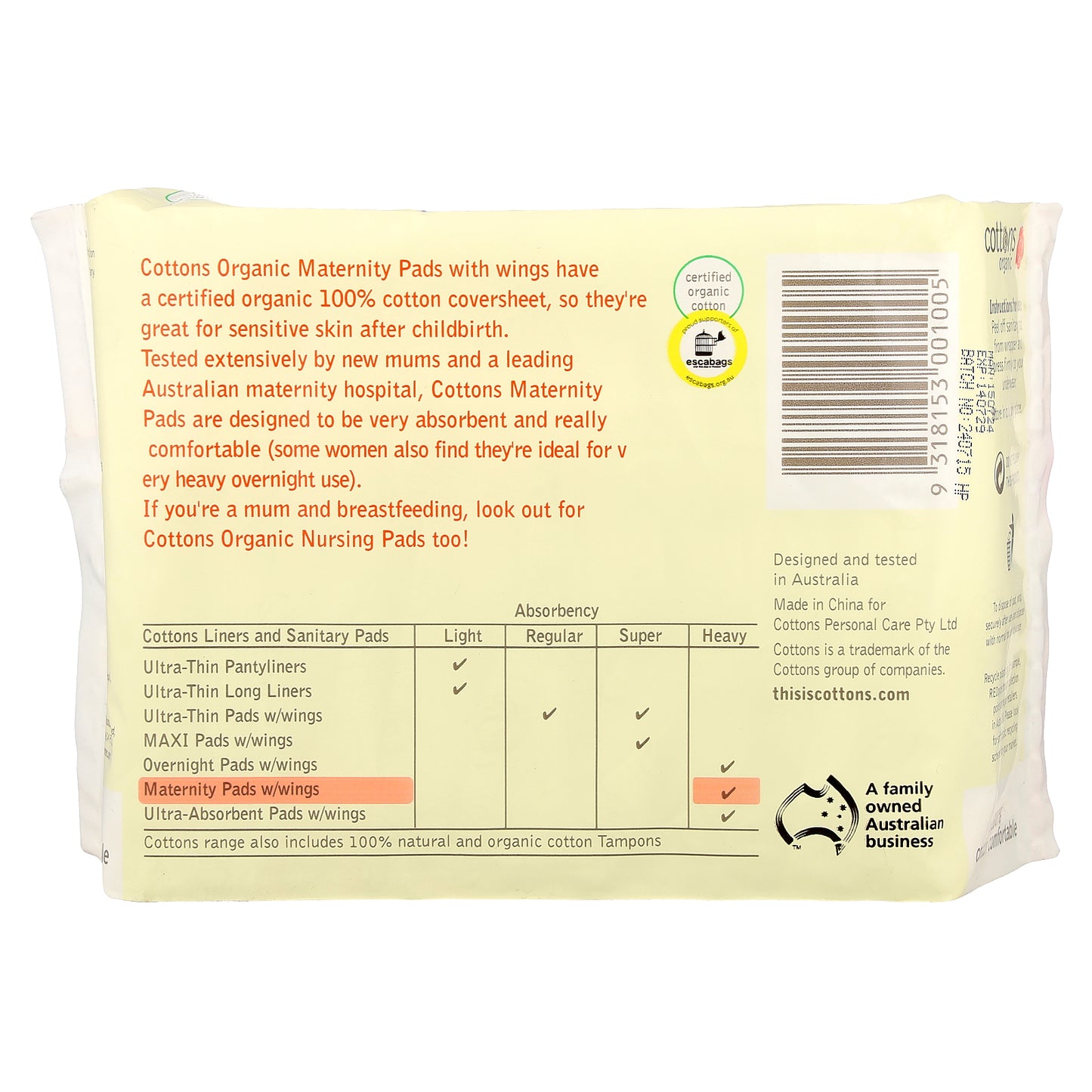 Cottons, 100% Cotton Comfortable, Maternity Pads with Wings, Heavy, Unscented, 10 Pads