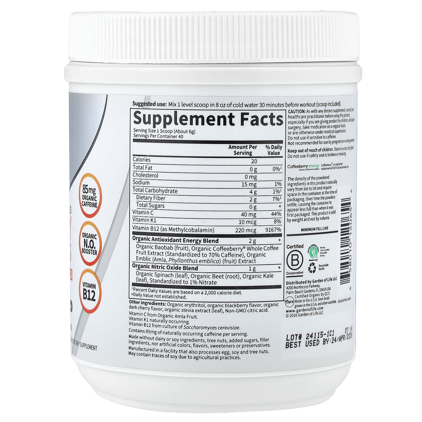 Garden of Life, Sport, Organic Plant-Based Energy + Focus, Pre-Workout, Blackberry Cherry, 8.1 oz (231 g)