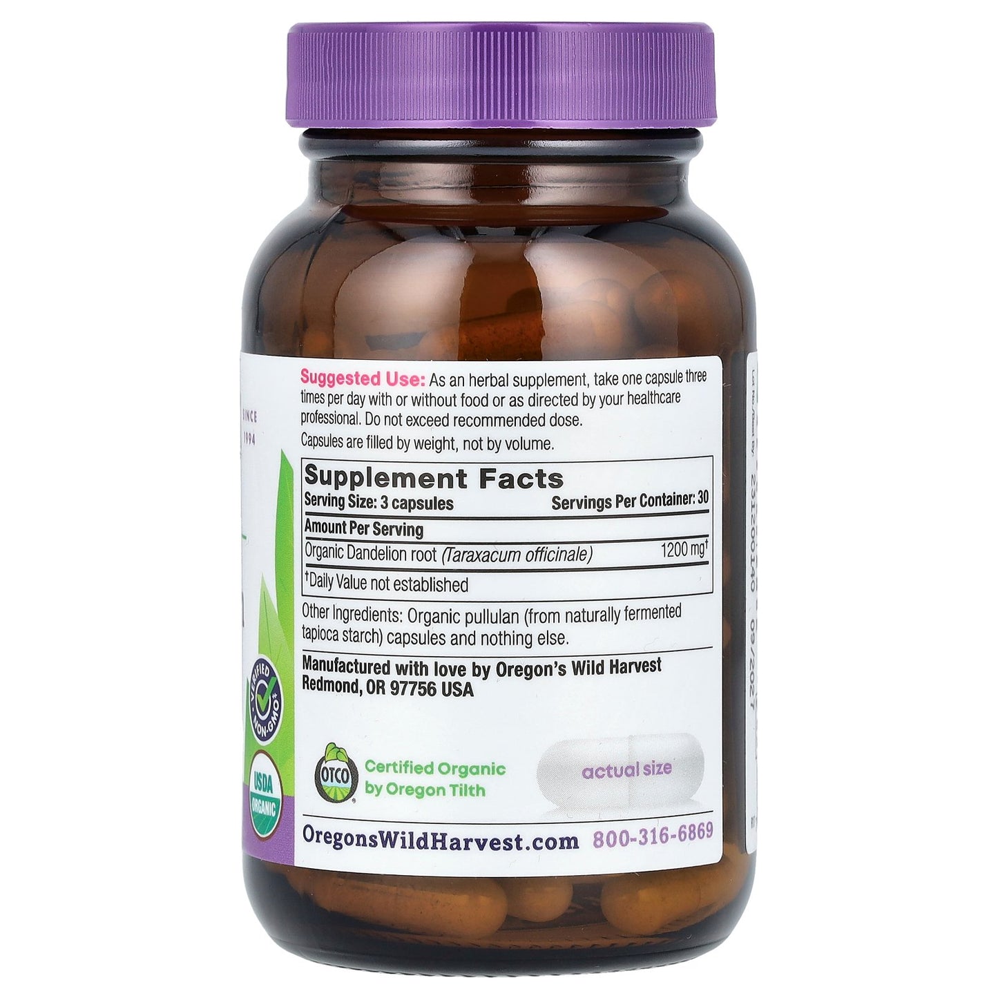 Oregon's Wild Harvest, Organic Dandelion Root, 90 Organic Vegan Capsules (400 mg per Capsule)