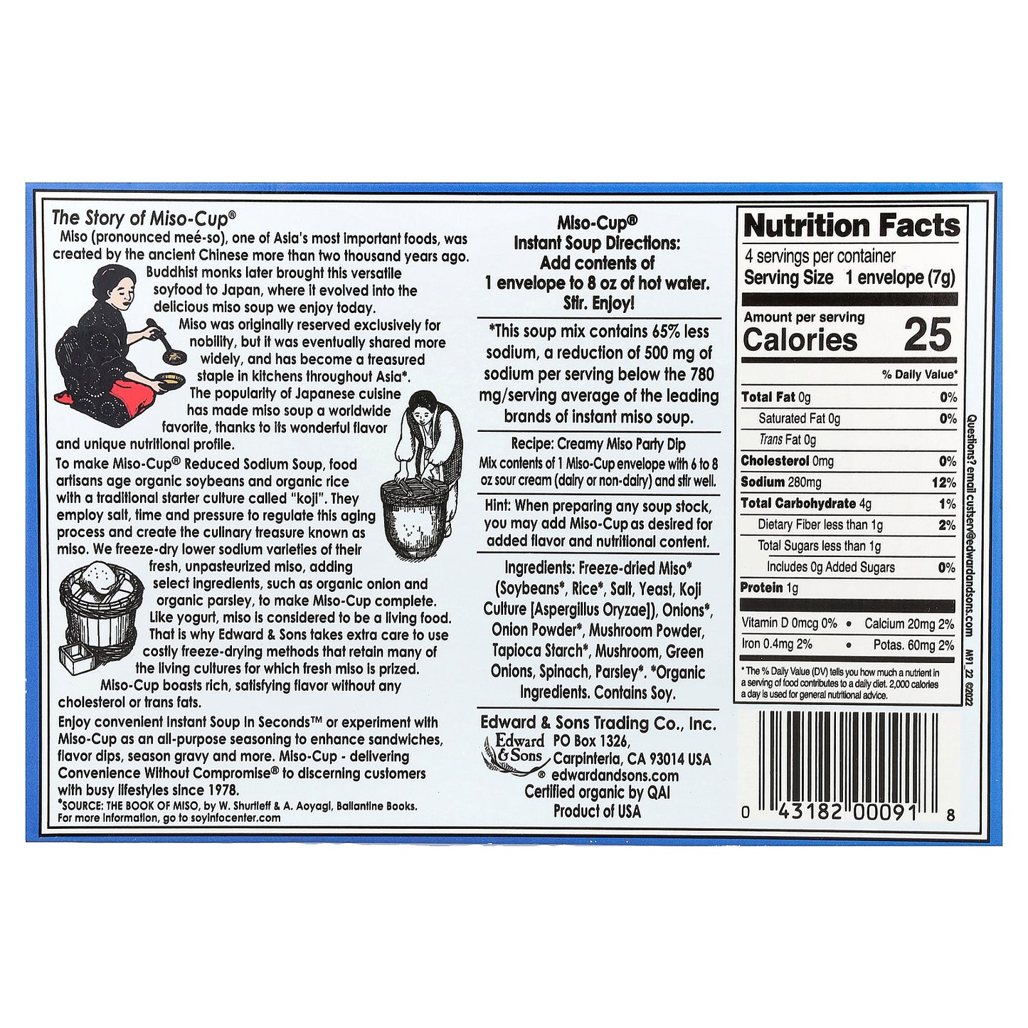 Edward & Sons, Instant Miso-Cup®, Reduced Sodium, 4 Envelopes, 1 oz (29 g)