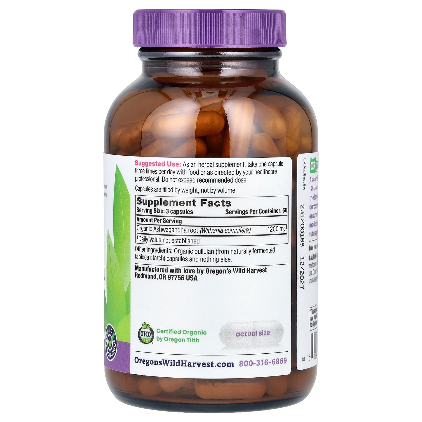 Oregon's Wild Harvest, Organic Ashwagandha, 180 Organic Vegan Capsules (400 mg per Capsule)