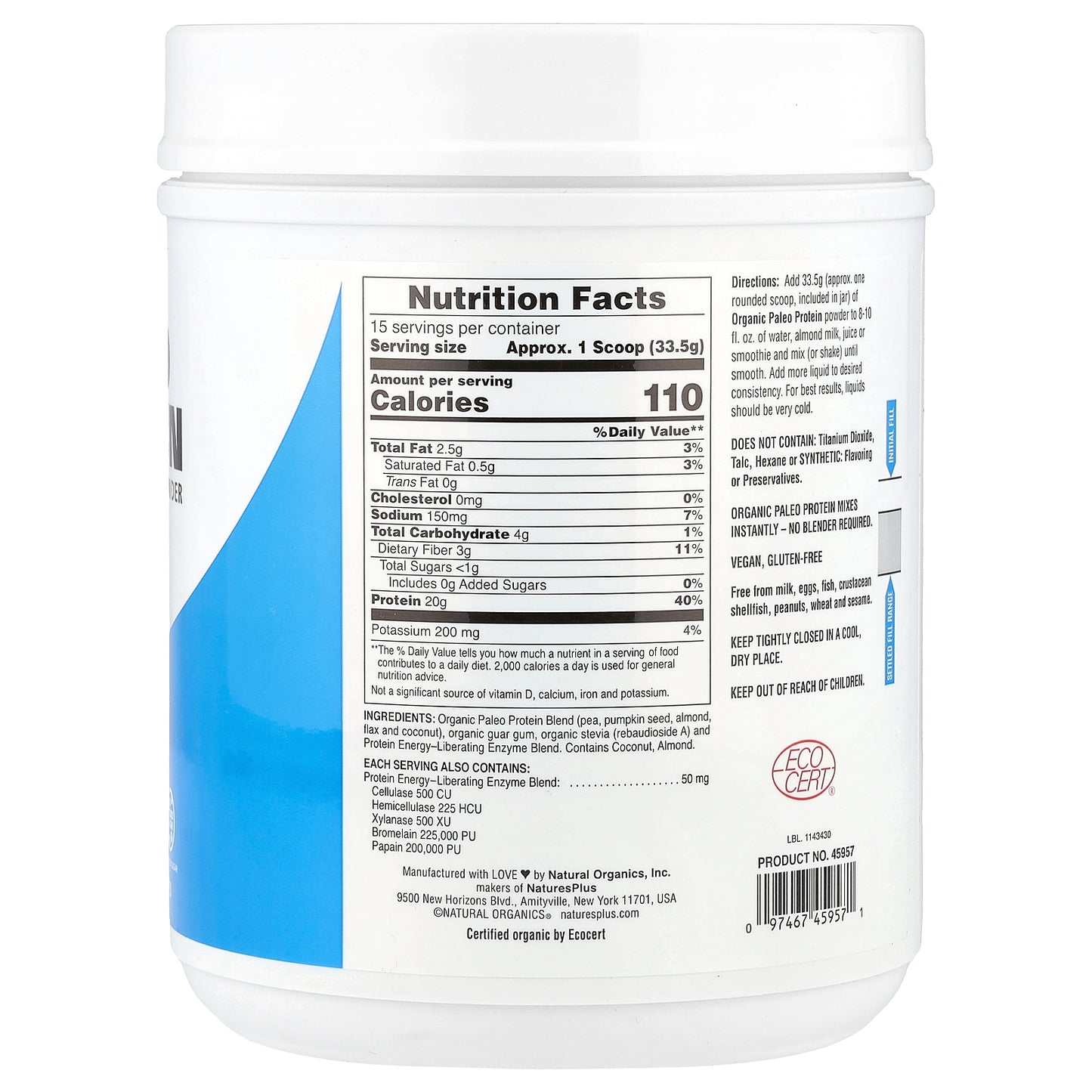 NaturesPlus, Paleo Protein Powder, Unflavored , 1.11 lbs (503 g)