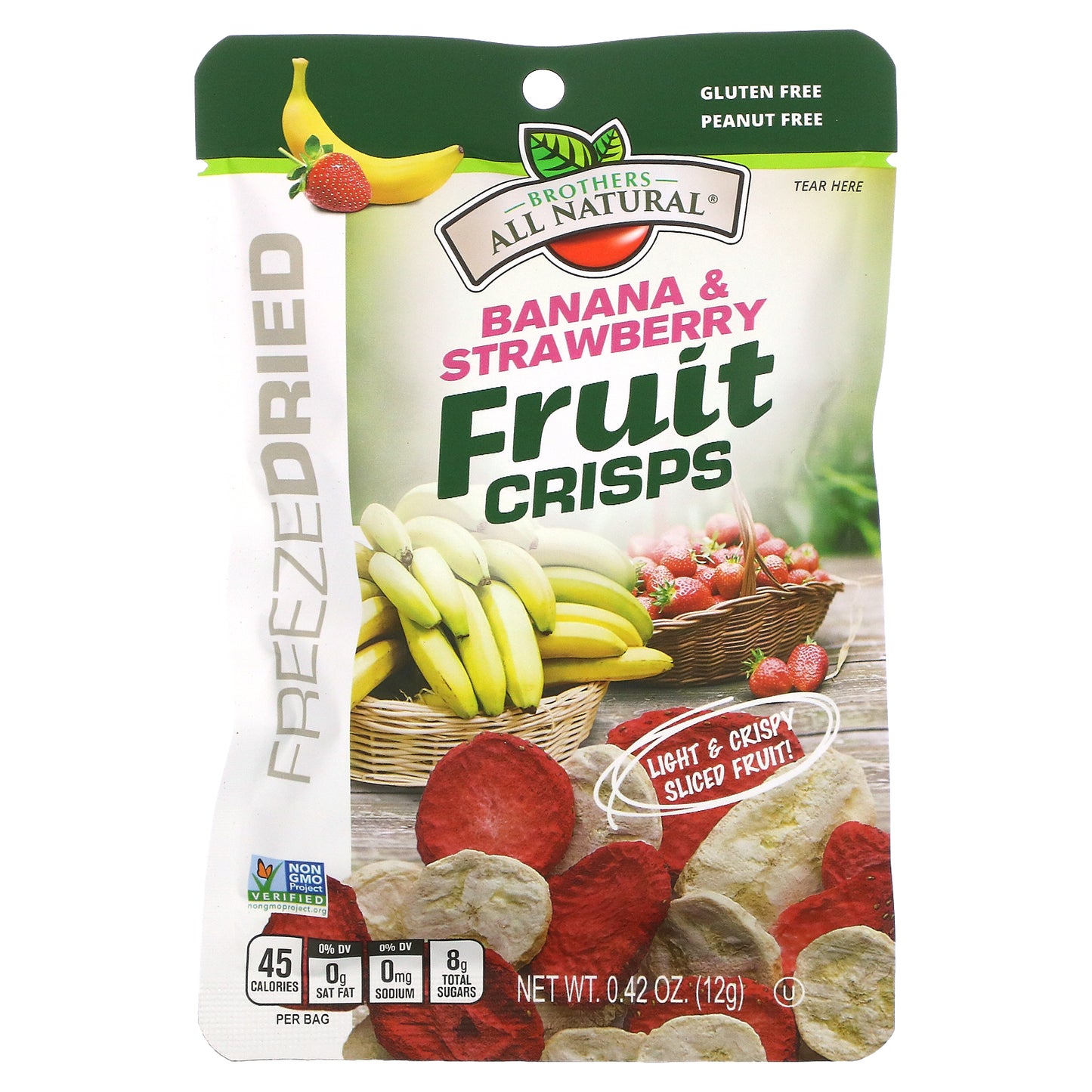 Brothers-All-Natural, Fruit Crisps, Banana & Strawberries, 12 Single-Serve Bags, 0.42 oz (12 g) Each
