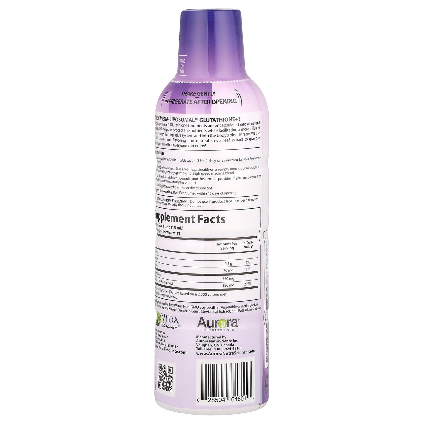 Aurora Nutrascience, Mega-Liposomal™ Glutathione+, Plus Vitamin C, Organic Fruit, 750 mg, 16 fl oz (480 ml)