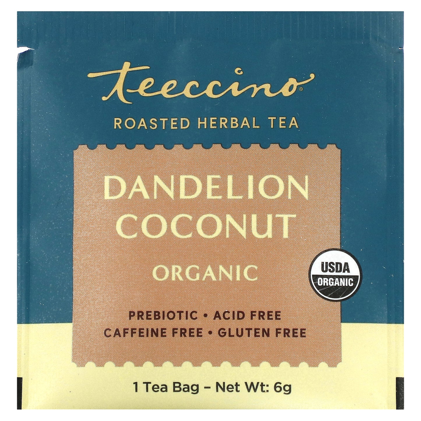 Teeccino, Organic Roasted Herbal Tea, Dandelion Coconut, Caffeine Free, 10 Tea Bags, 2.12 oz (60 g)