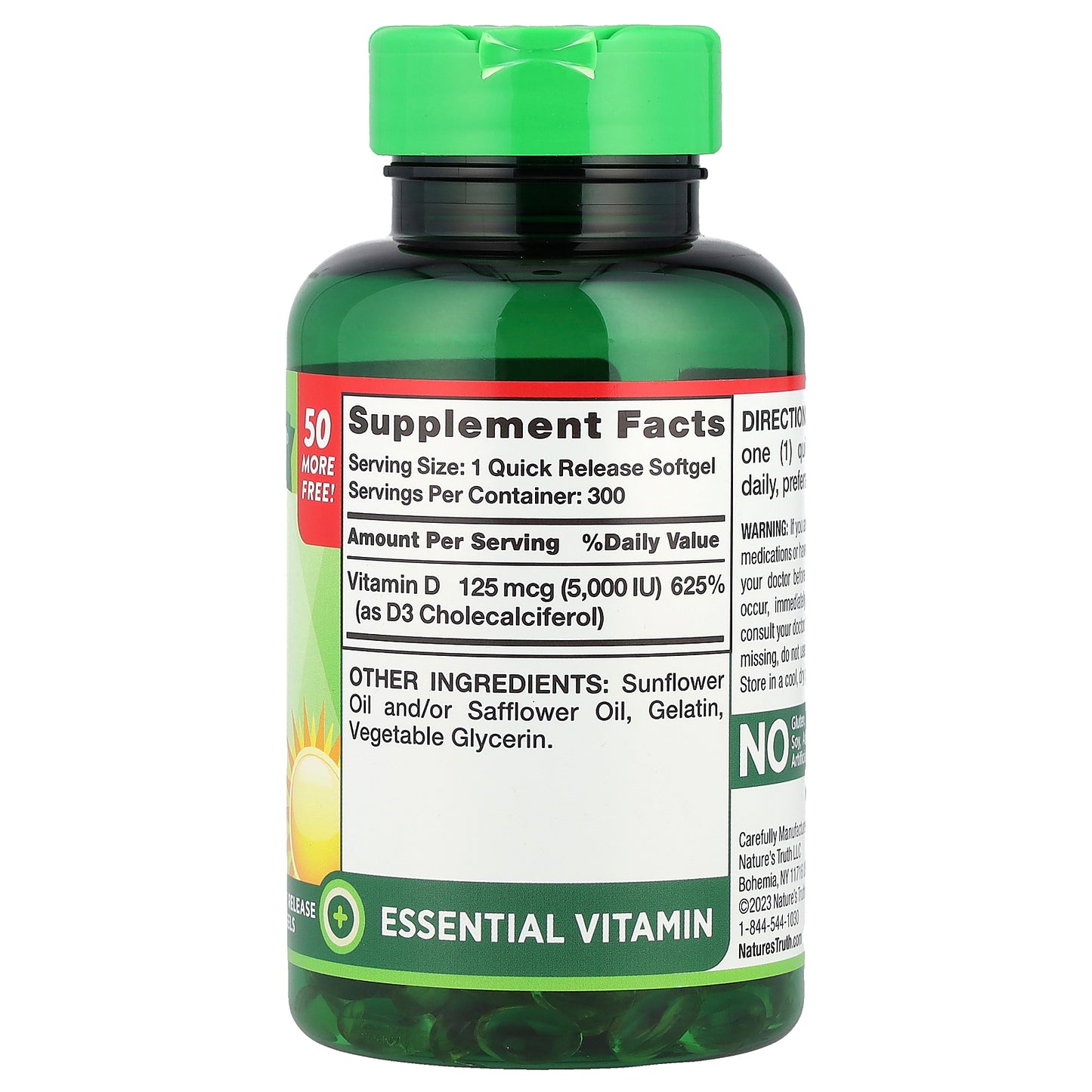 Nature's Truth, High Potency Vitamin D3, 125 mcg (5000 IU), 300 Quick Release Softgels