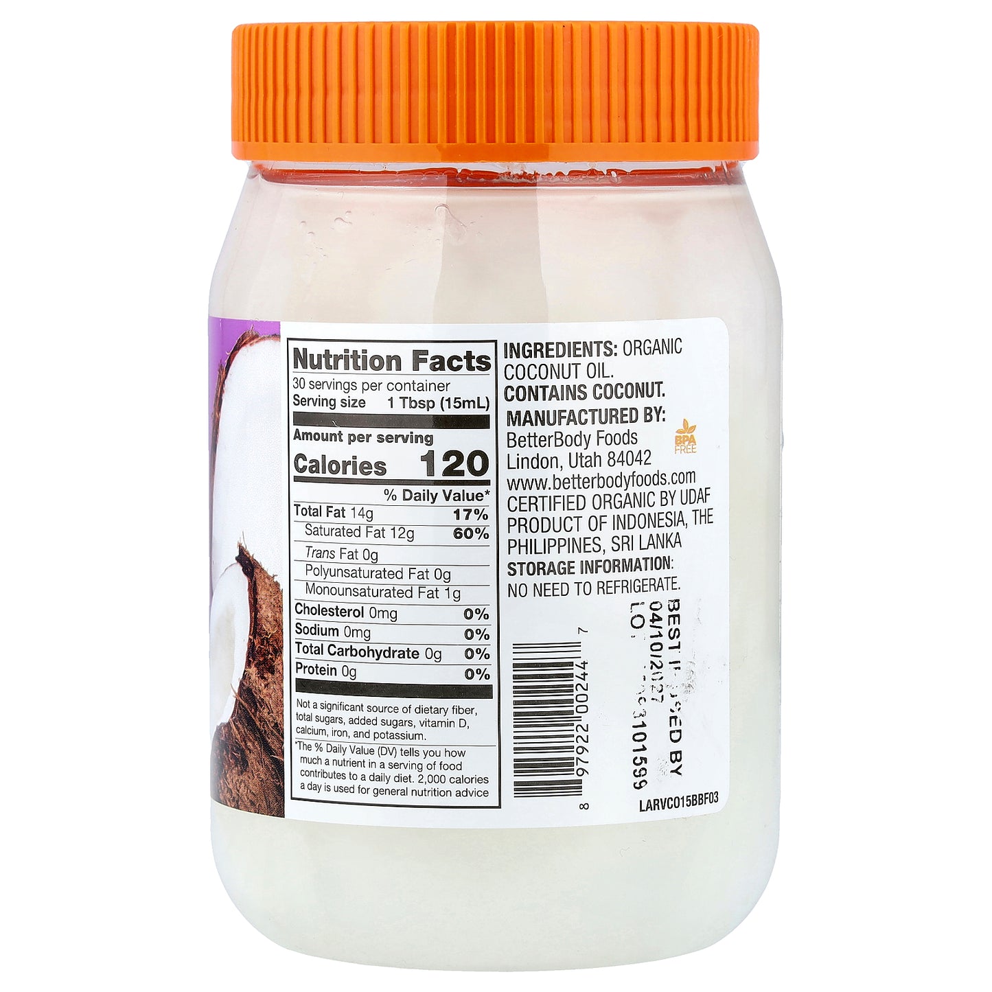 BetterBody Foods, Virgin Organic Coconut Oil, 15.5 fl oz (458 ml)