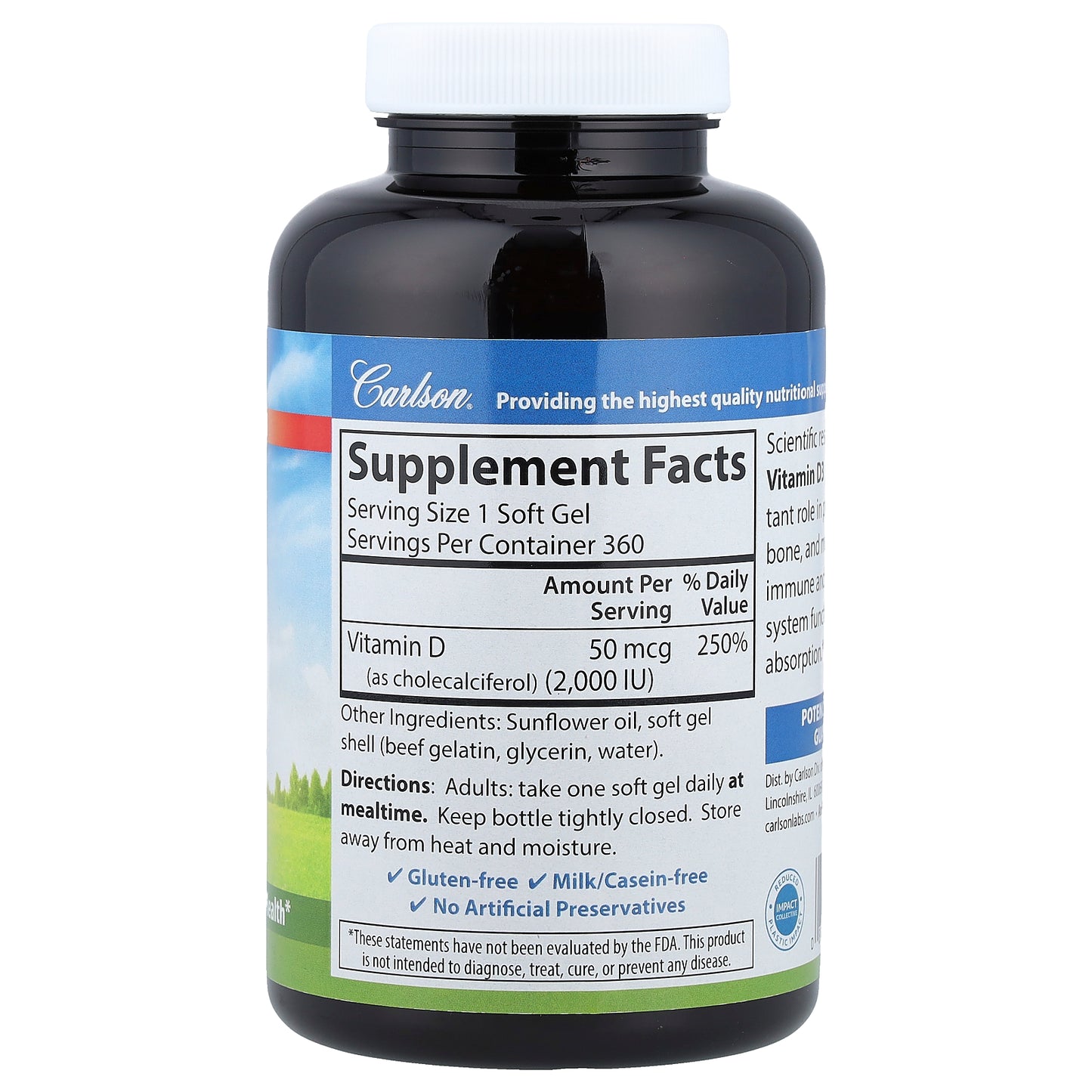 Carlson, Vitamin D3, 50 mcg (2,000 IU), 360 Soft Gels