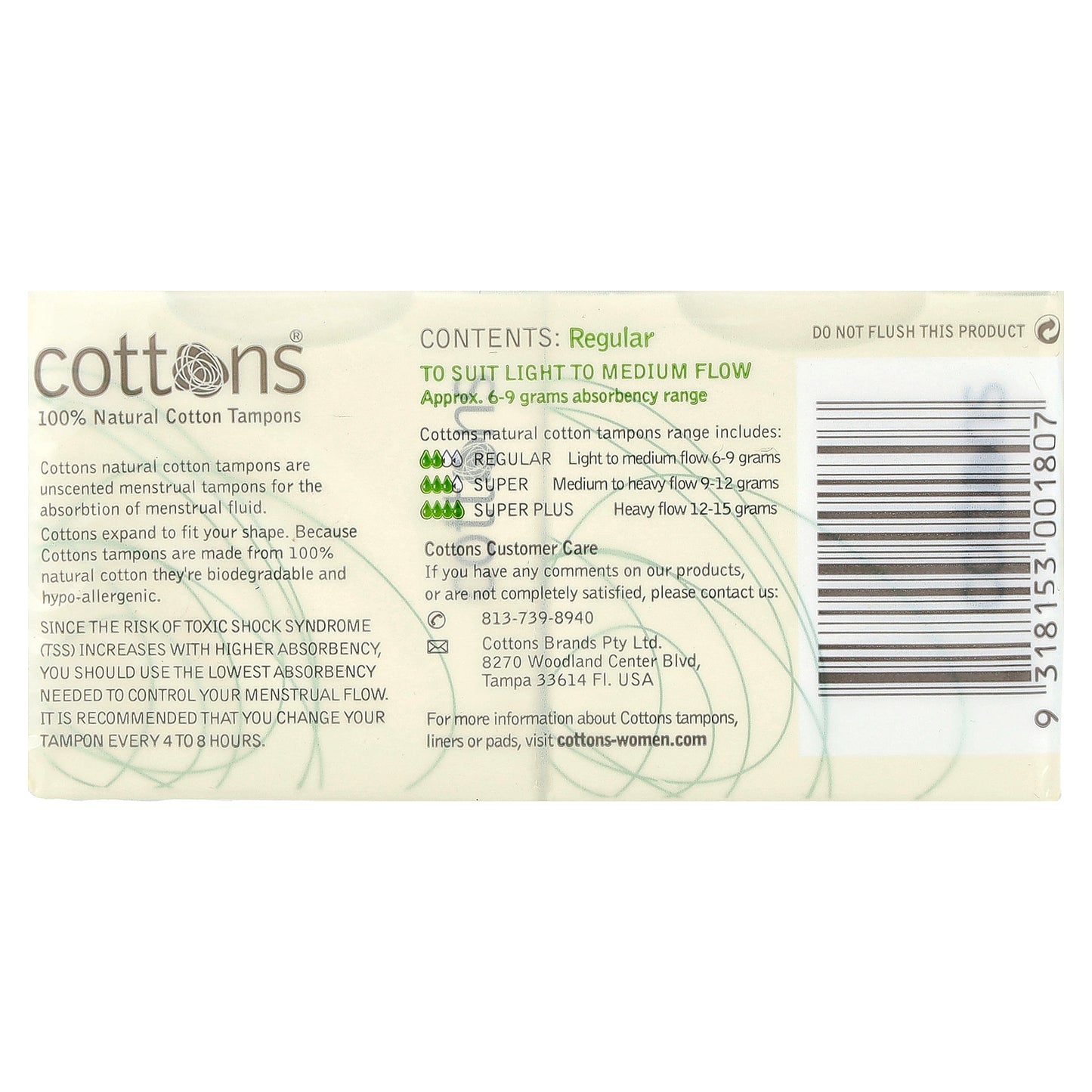 Cottons, 100% Natural Cotton Tampons, Regular, Unscented, 16 Tampons