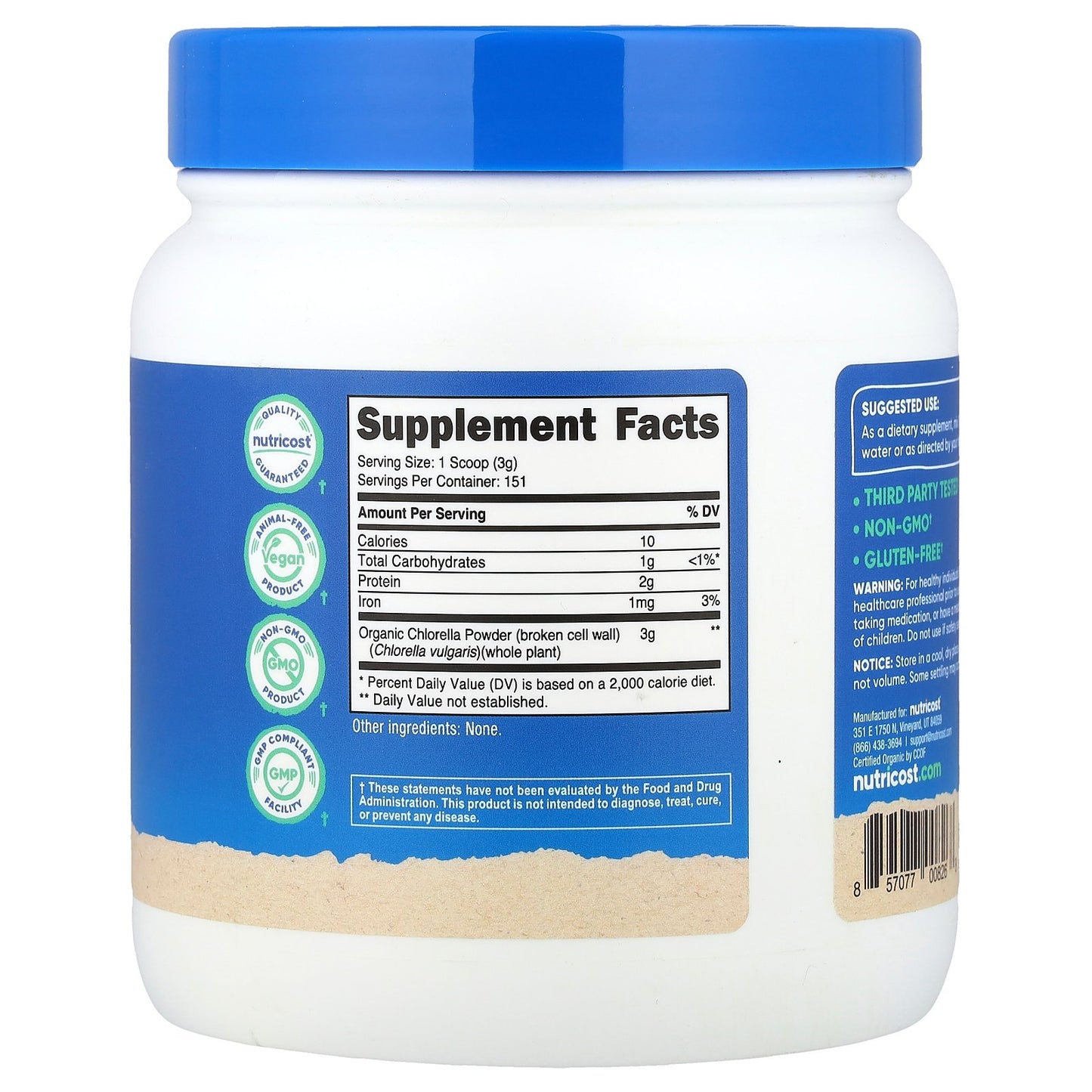 Nutricost, Organic Chlorella Powder, Unflavored , 16.2 oz (454 g)