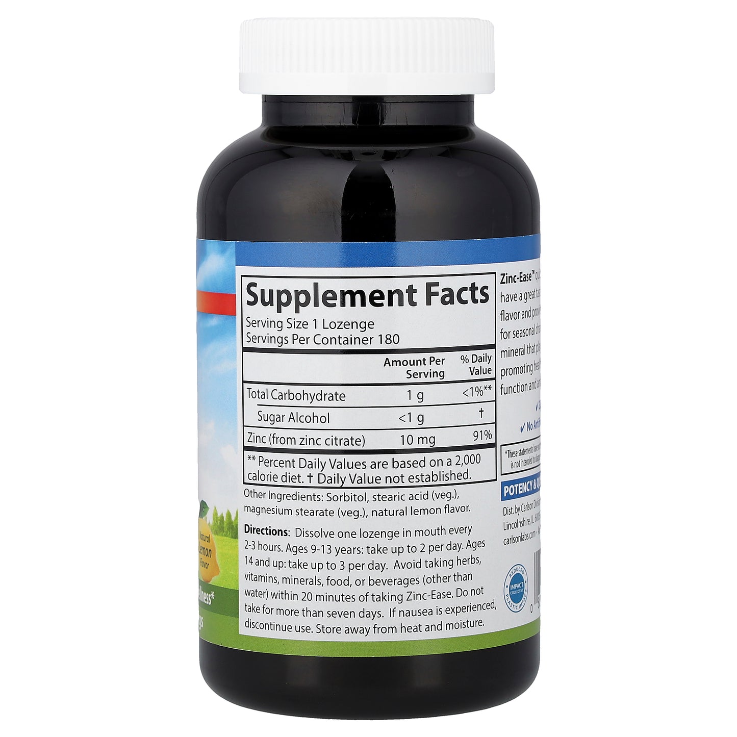 Carlson, Zinc-Ease™ Soothing Lozenge, Natural Lemon, 180 Vegetarian Lozenges (10 mg per Lozenge)